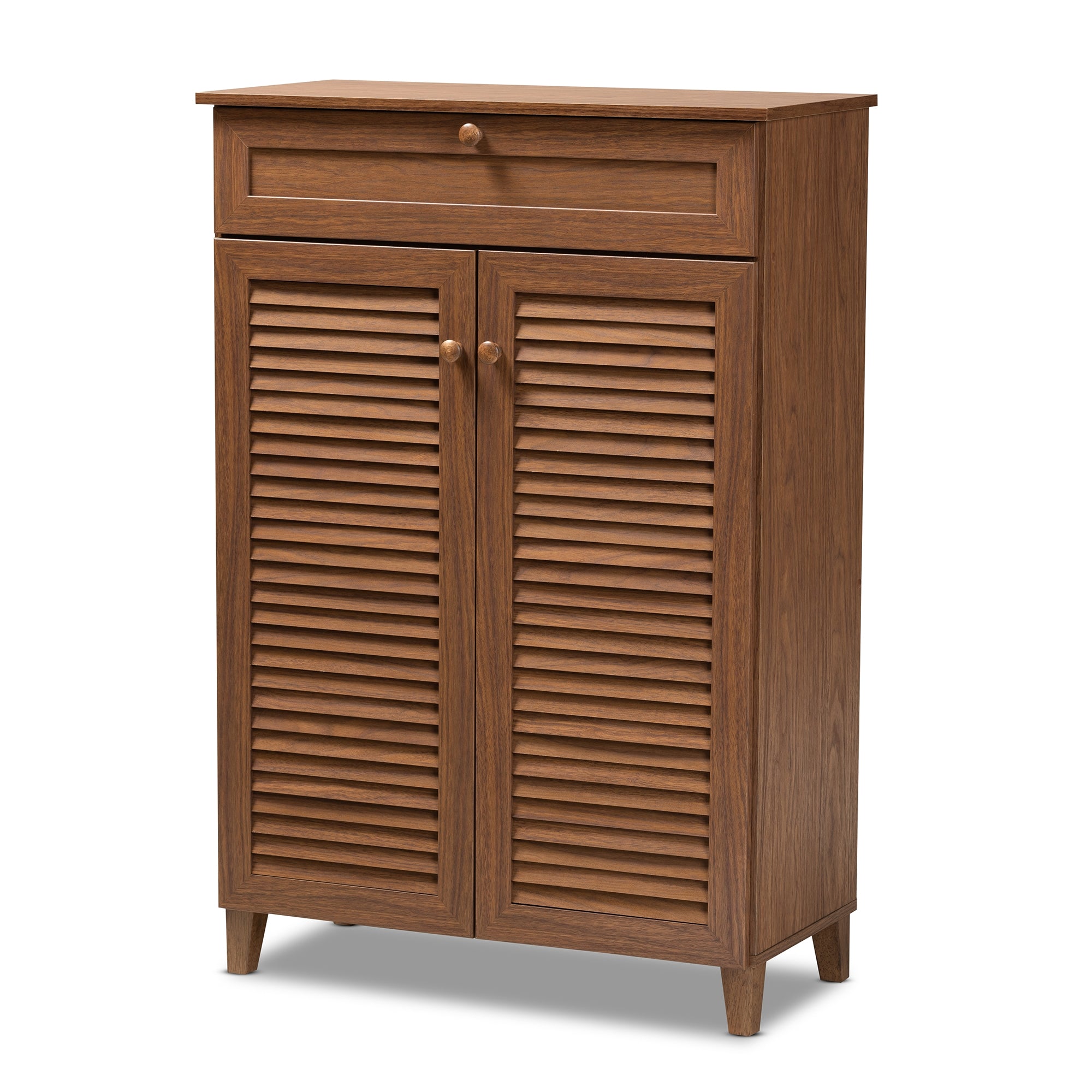 Baxton Studio Coolidge Modern and Contemporary Walnut Finished 5-Shelf Wood Shoe Storage Cabinet with Drawer