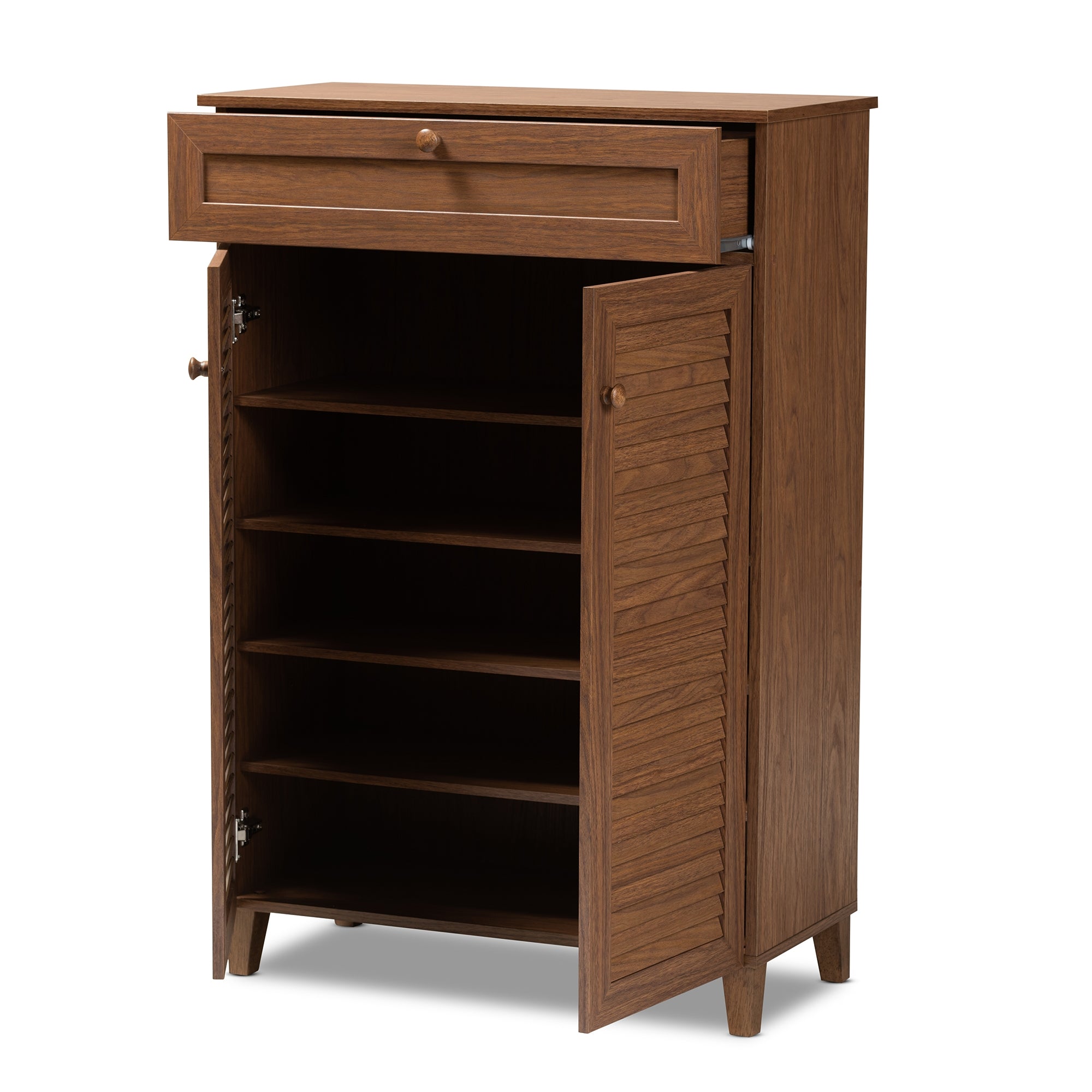 Baxton Studio Coolidge Modern and Contemporary Walnut Finished 5-Shelf Wood Shoe Storage Cabinet with Drawer