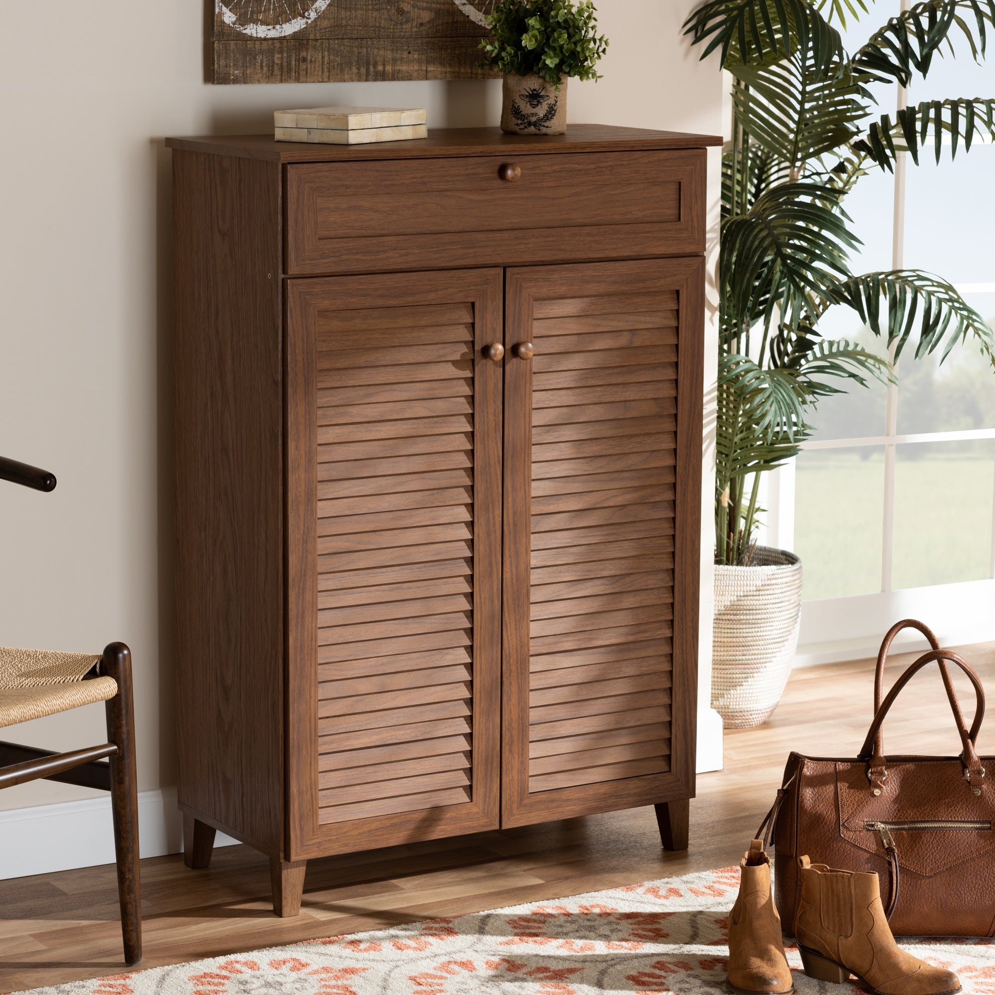 Baxton Studio Coolidge Modern and Contemporary Walnut Finished 5-Shelf Wood Shoe Storage Cabinet with Drawer