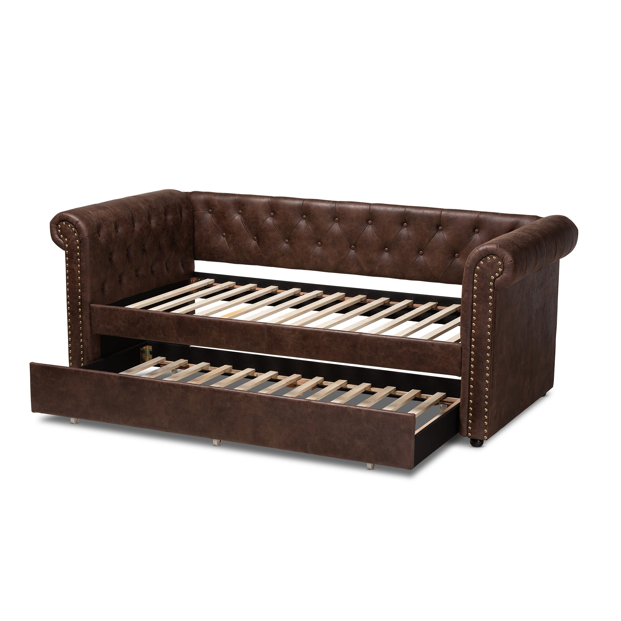 Baxton Studio Mabelle Modern and Contemporary Brown Faux Leather Upholstered Daybed with Trundle