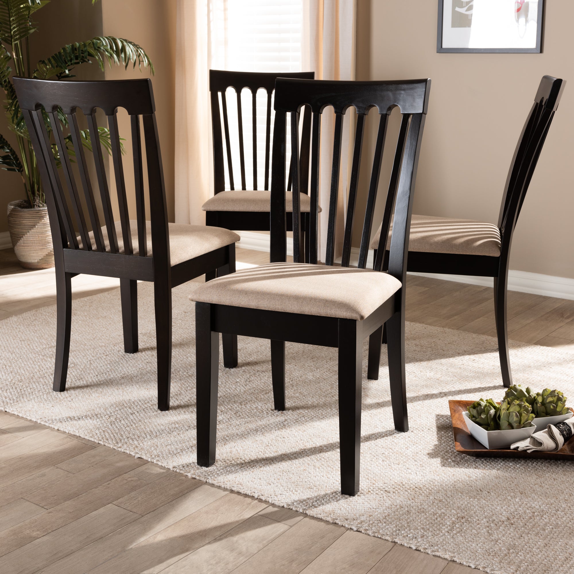 Baxton Studio Minette Modern and Contemporary Sand Fabric Upholstered Espresso Brown Finished Wood Dining Chair Set of 4