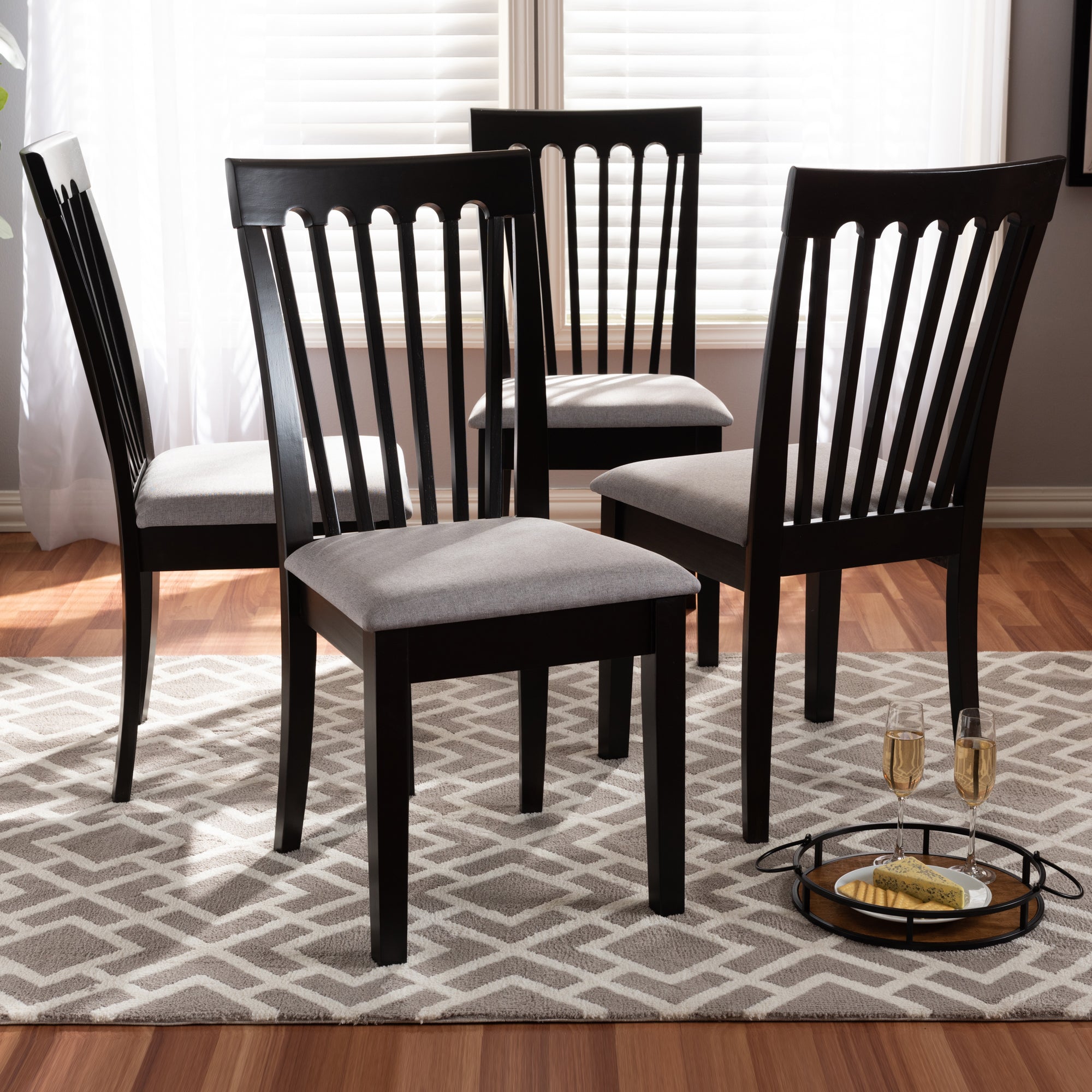 Baxton Studio Minette Modern and Contemporary Gray Fabric Upholstered Espresso Brown Finished Wood Dining Chair Set of 4