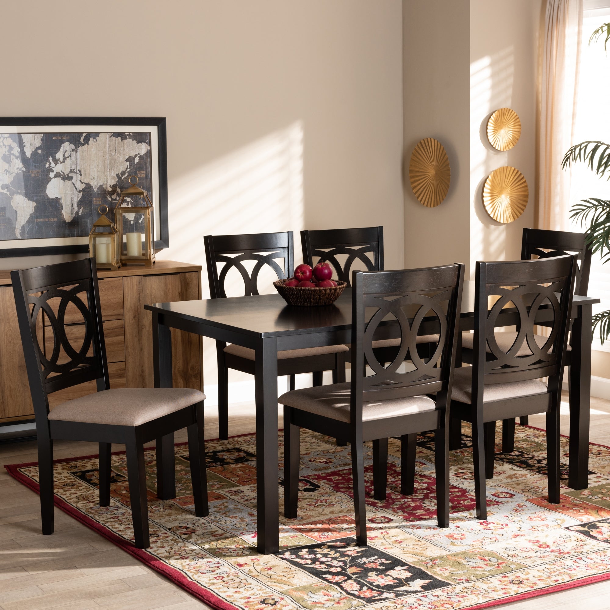 Baxton Studio Lenoir Modern and Contemporary Sand Fabric Upholstered Espresso Brown Finished Wood 7-Piece Dining Set