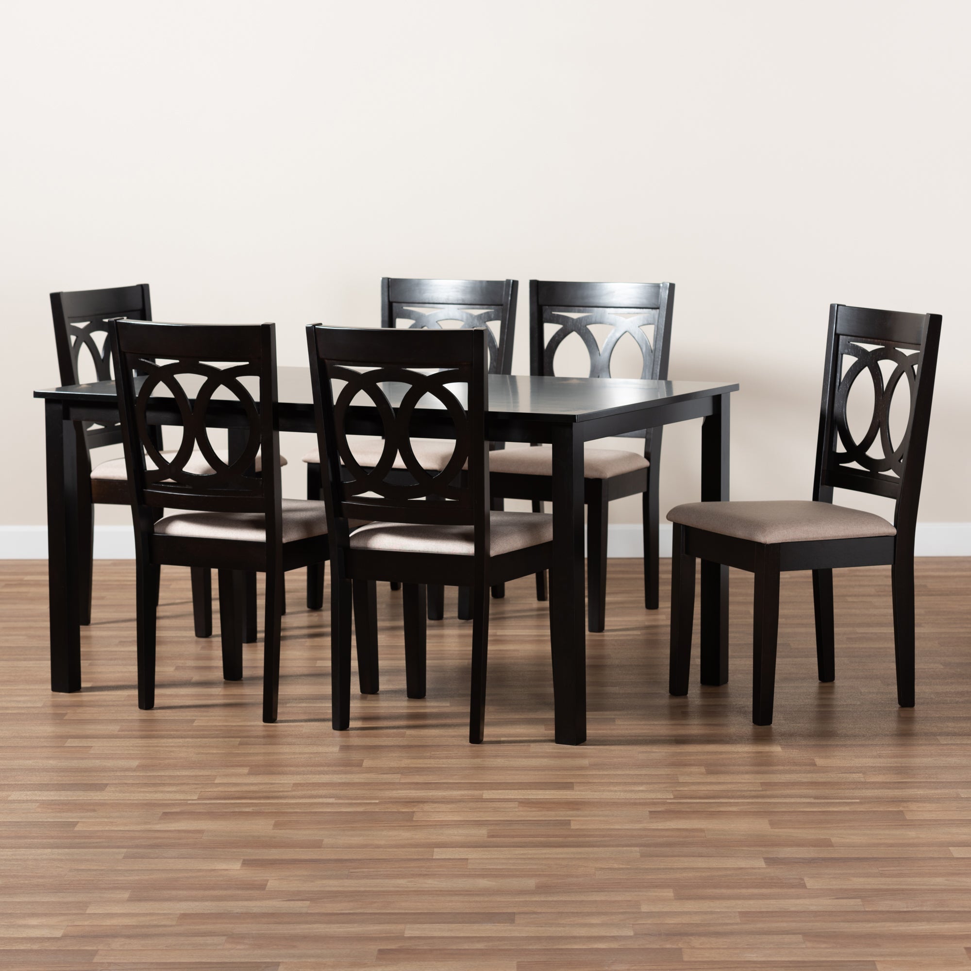 Baxton Studio Lenoir Modern and Contemporary Sand Fabric Upholstered Espresso Brown Finished Wood 7-Piece Dining Set
