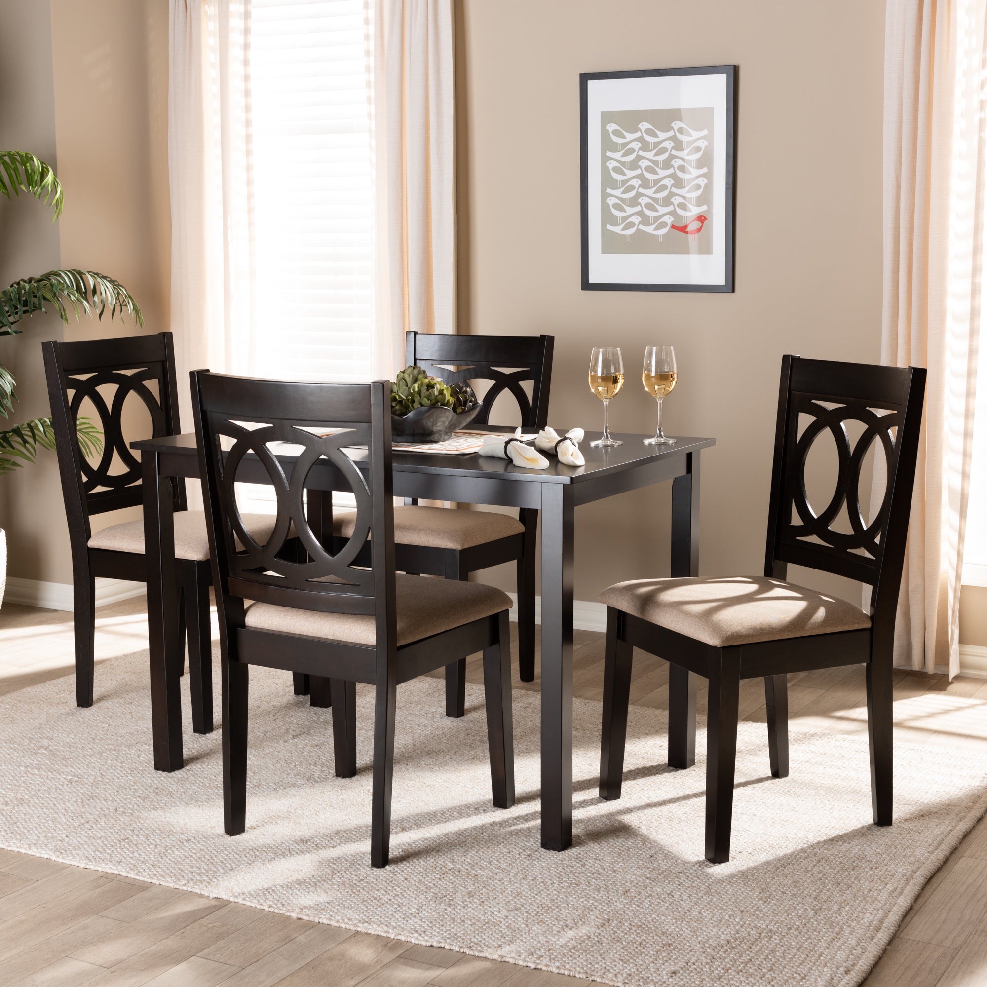 Baxton Studio Lenoir Modern and Contemporary Sand Fabric Upholstered Espresso Brown Finished Wood 5-Piece Dining Set