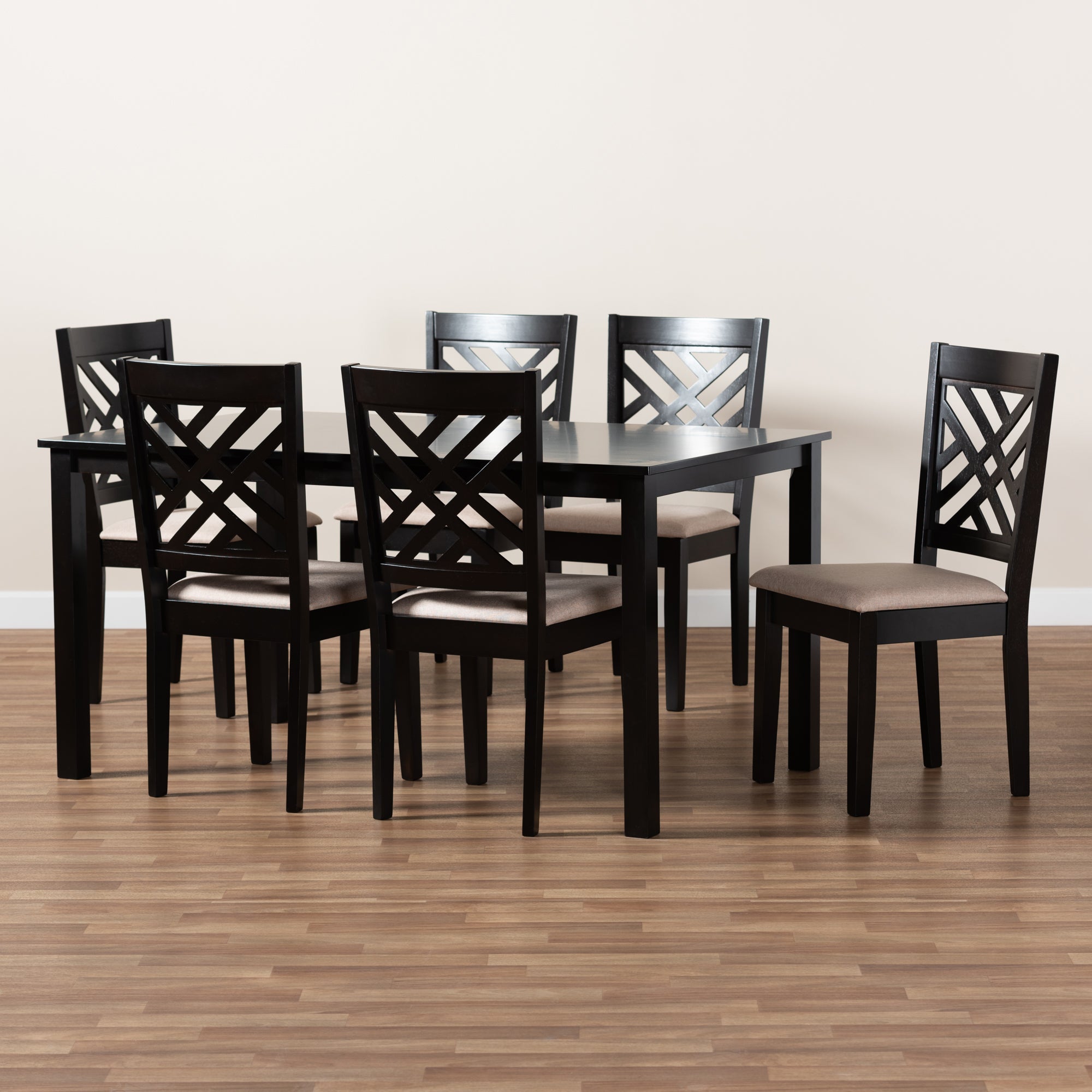 Baxton Studio Caron Modern and Contemporary Sand Fabric Upholstered Espresso Brown Finished Wood 7-Piece Dining Set