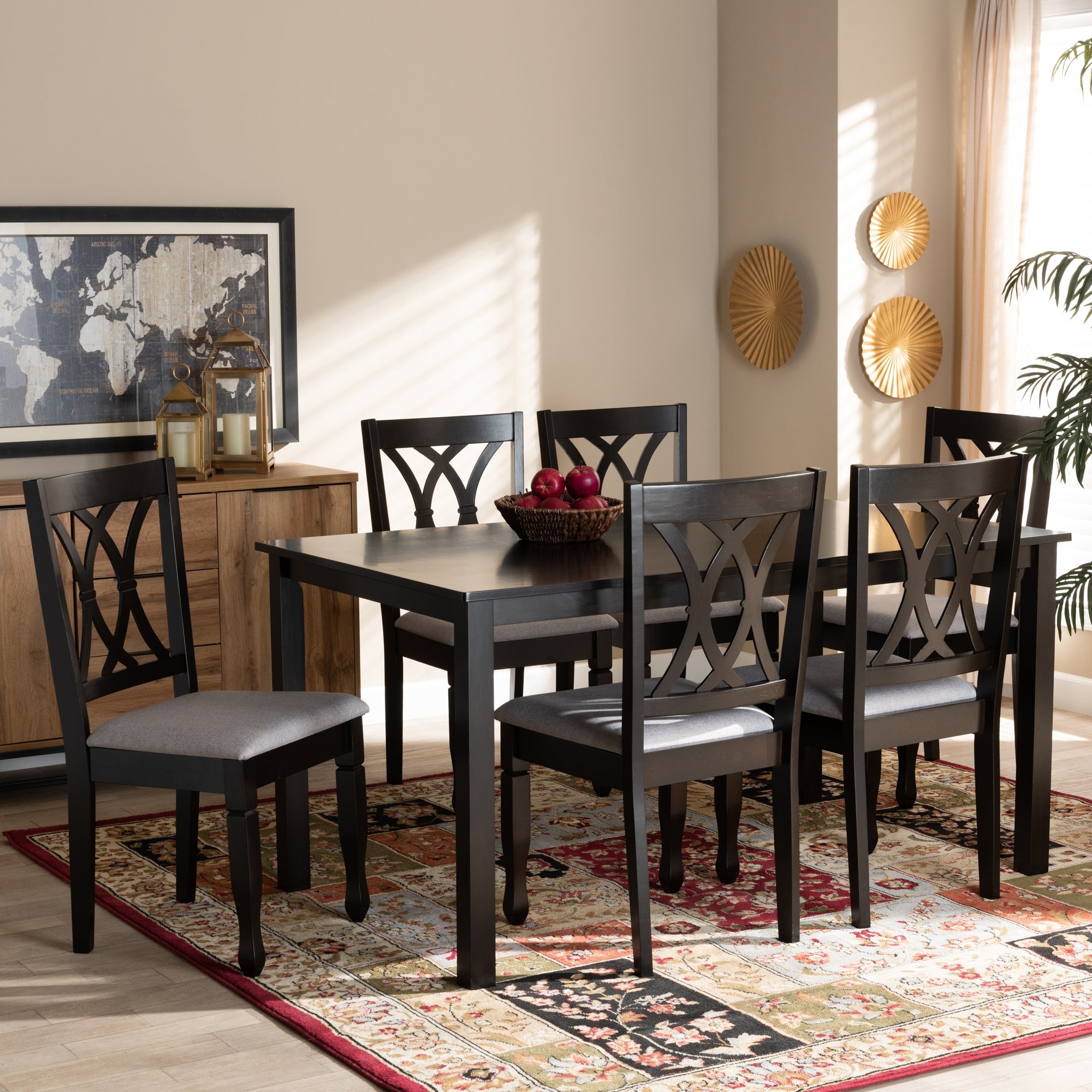 Baxton Studio Reneau Modern and Contemporary Grey Fabric Upholstered Espresso Brown Finished Wood 7-Piece Dining Set