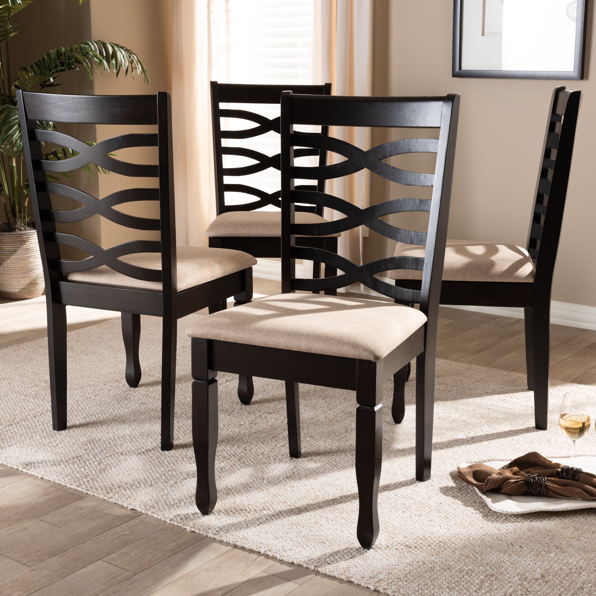 Baxton Studio Lanier Modern and Contemporary Sand Fabric Upholstered Espresso Brown Finished Wood Dining Chair Set of 4