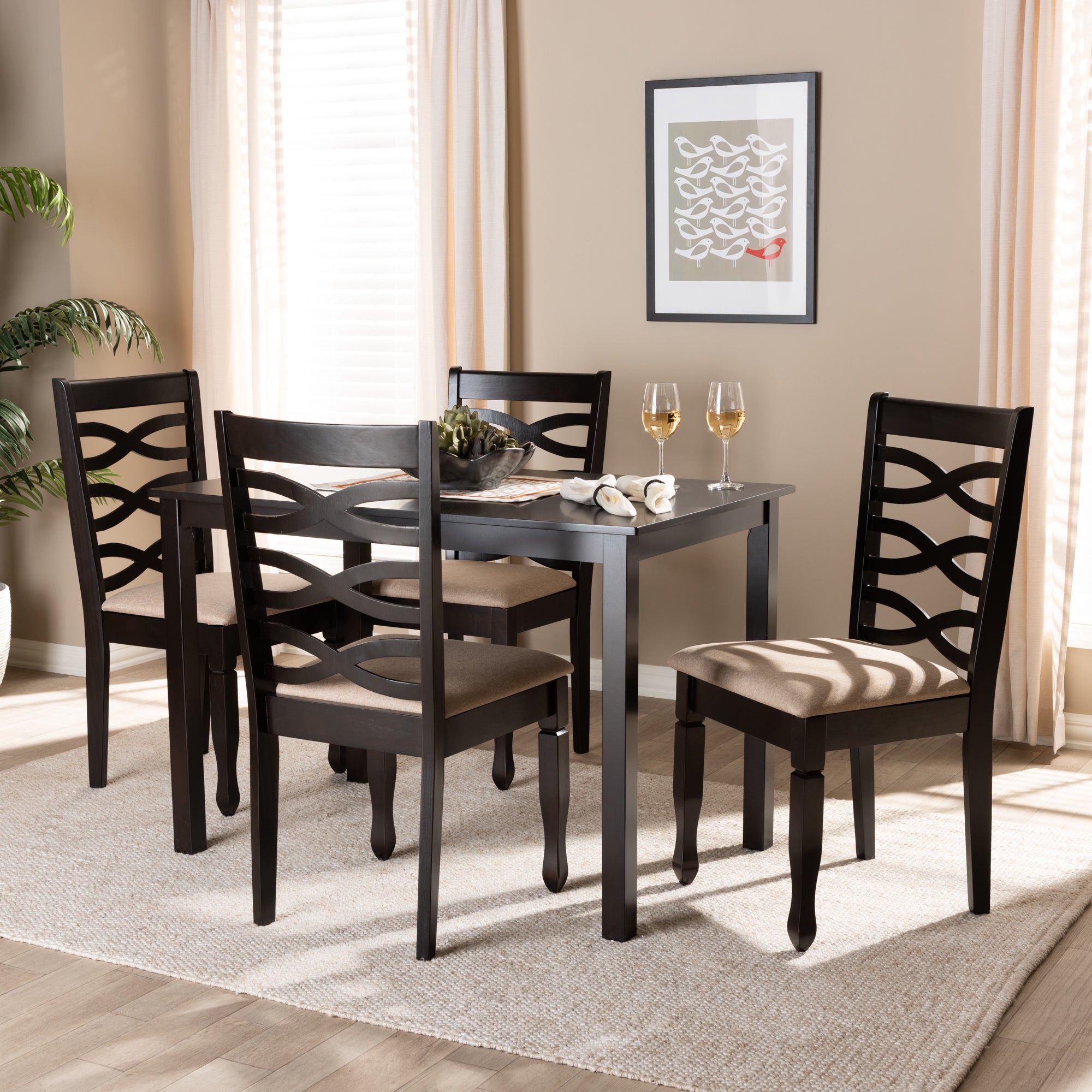 Baxton Studio Lanier Modern and Contemporary Sand Fabric Upholstered Espresso Brown Finished Wood 5-Piece Dining Set