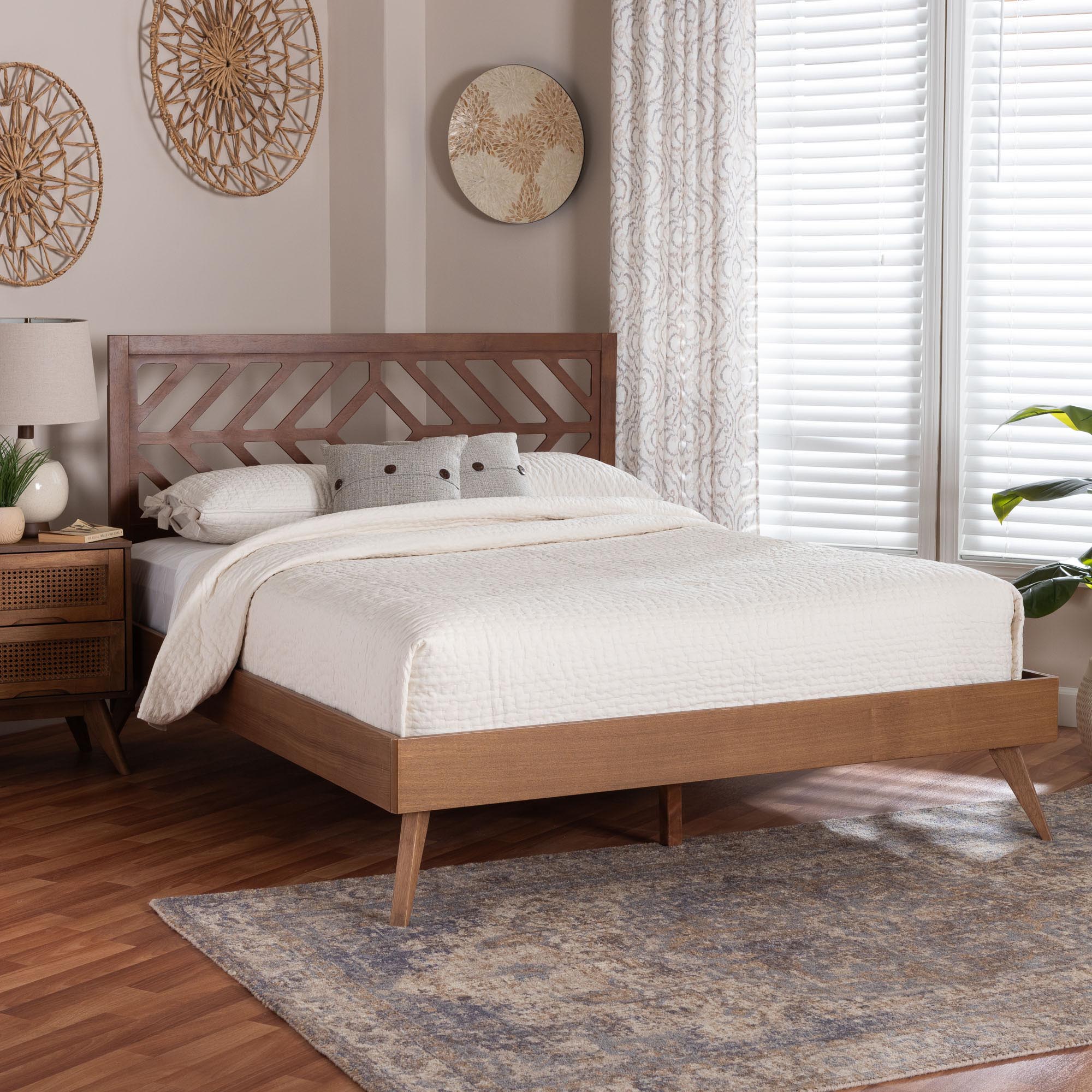 Baxton Studio Chinedu Platform Bed - Mid-Century Modern Bed with Cutout Headboard and Rounded Legs for Modern or Boho Bedrooms, Queen