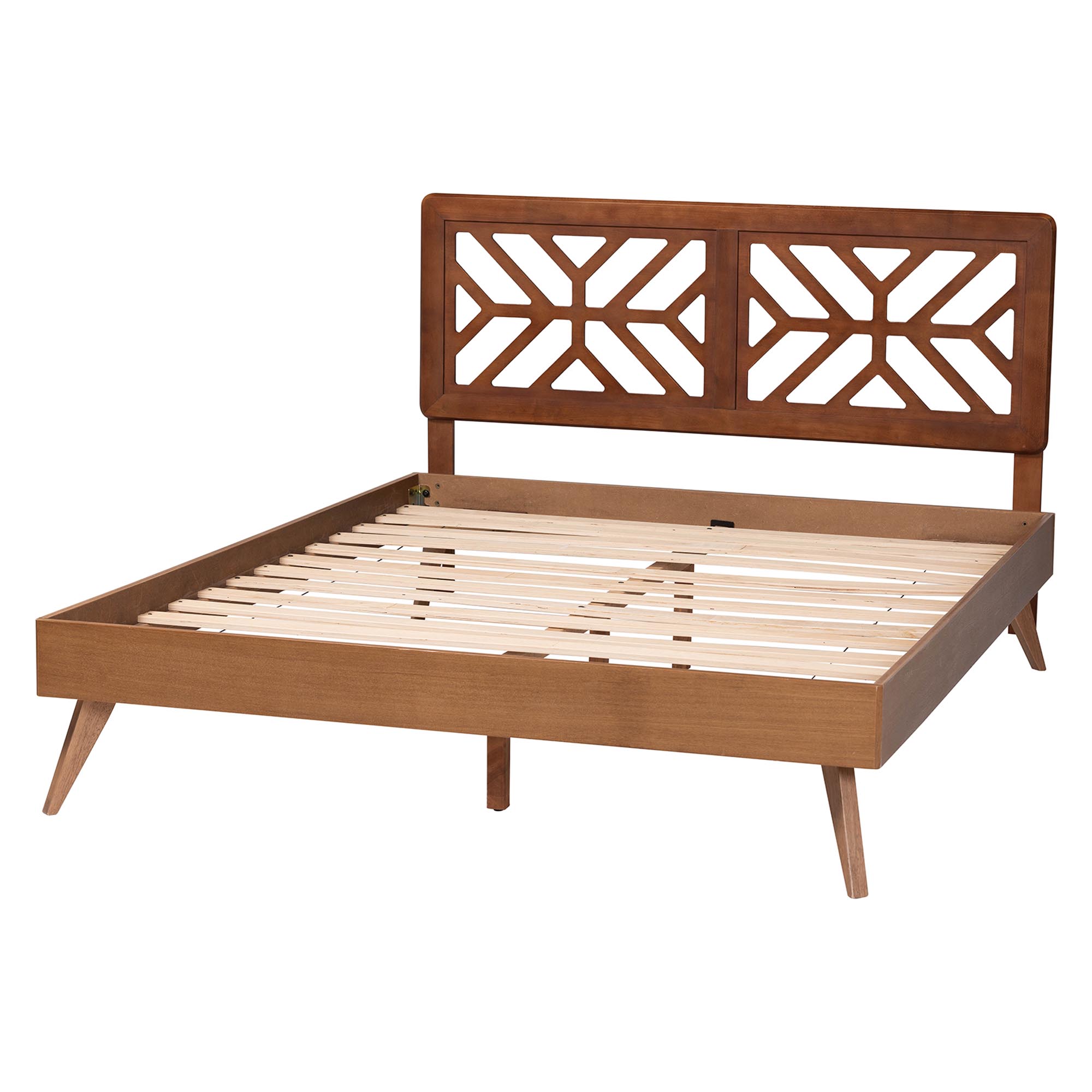 Baxton Studio Kirabo Platform Bed - Mid-Century Modern Bed with Cutout Headboard and Rounded Legs for Modern or Boho Bedrooms, Queen