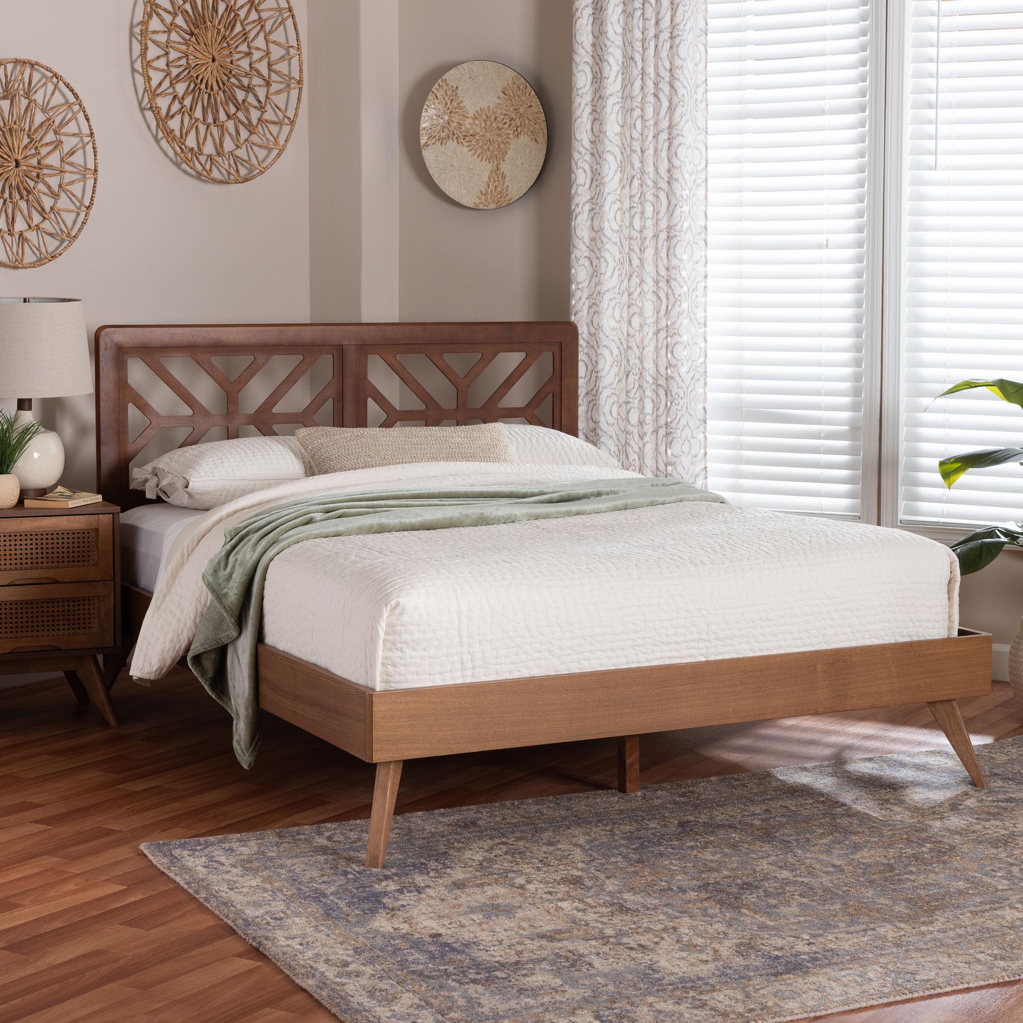 Baxton Studio Kirabo Platform Bed - Mid-Century Modern Bed with Cutout Headboard and Rounded Legs for Modern or Boho Bedrooms, Queen