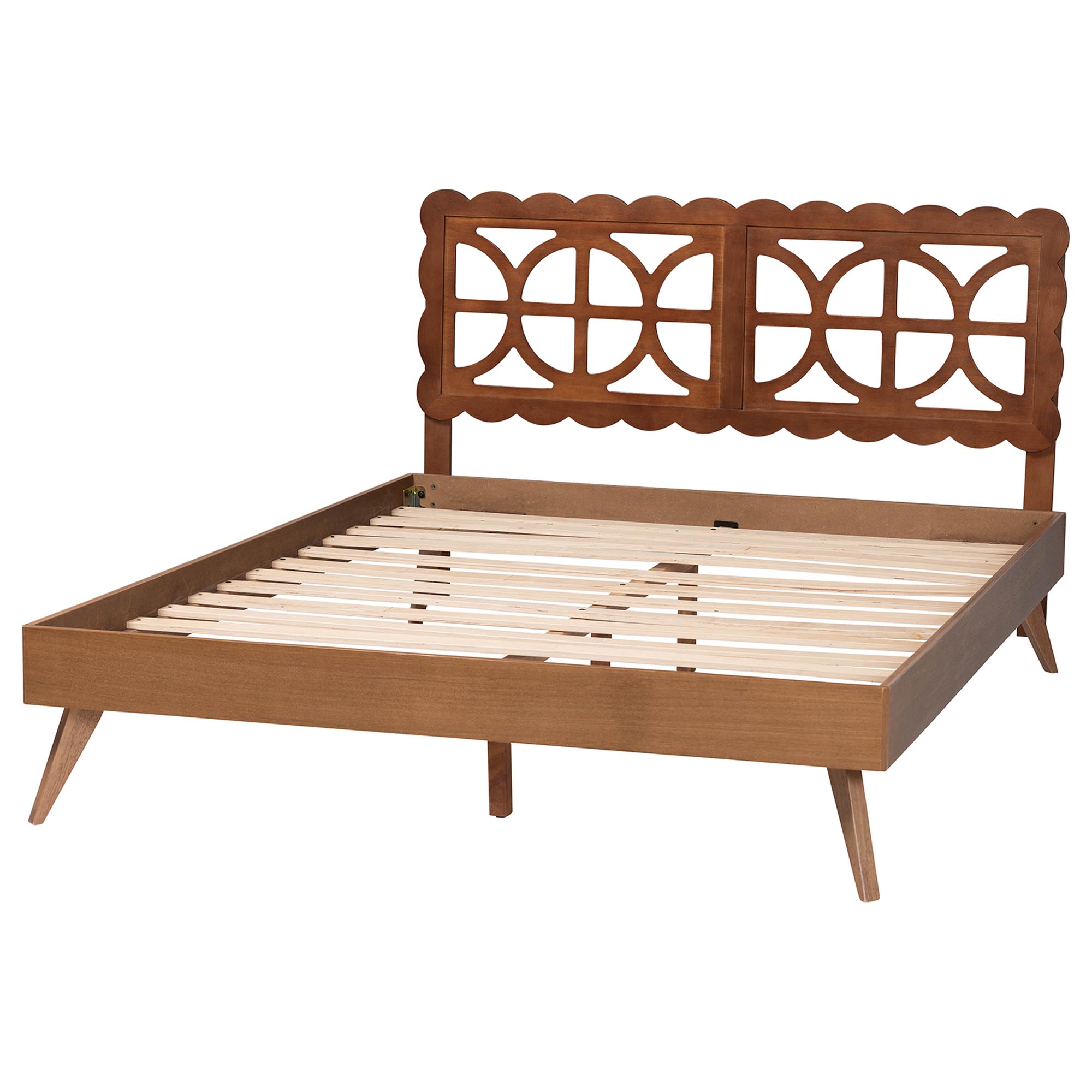 Baxton Studio Shukura Platform Bed - Mid-Century Modern Bed with Lasercut Headboard and Scalloped Detailing for Bedroom or Guestroom, Queen