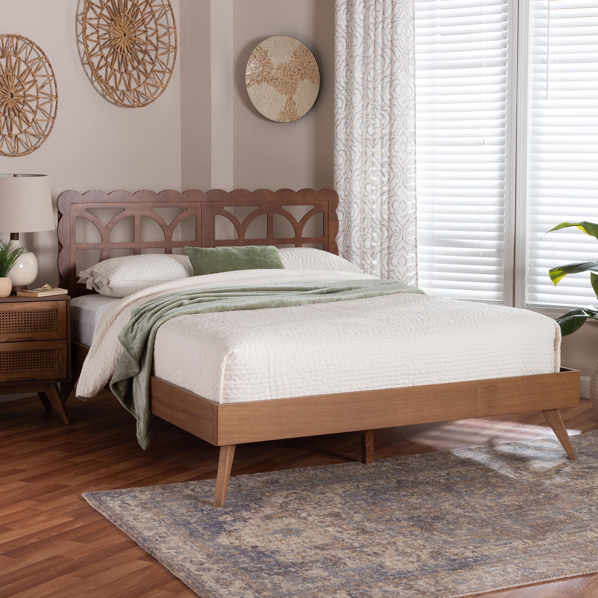 Baxton Studio Shukura Platform Bed - Mid-Century Modern Bed with Lasercut Headboard and Scalloped Detailing for Bedroom or Guestroom, Queen