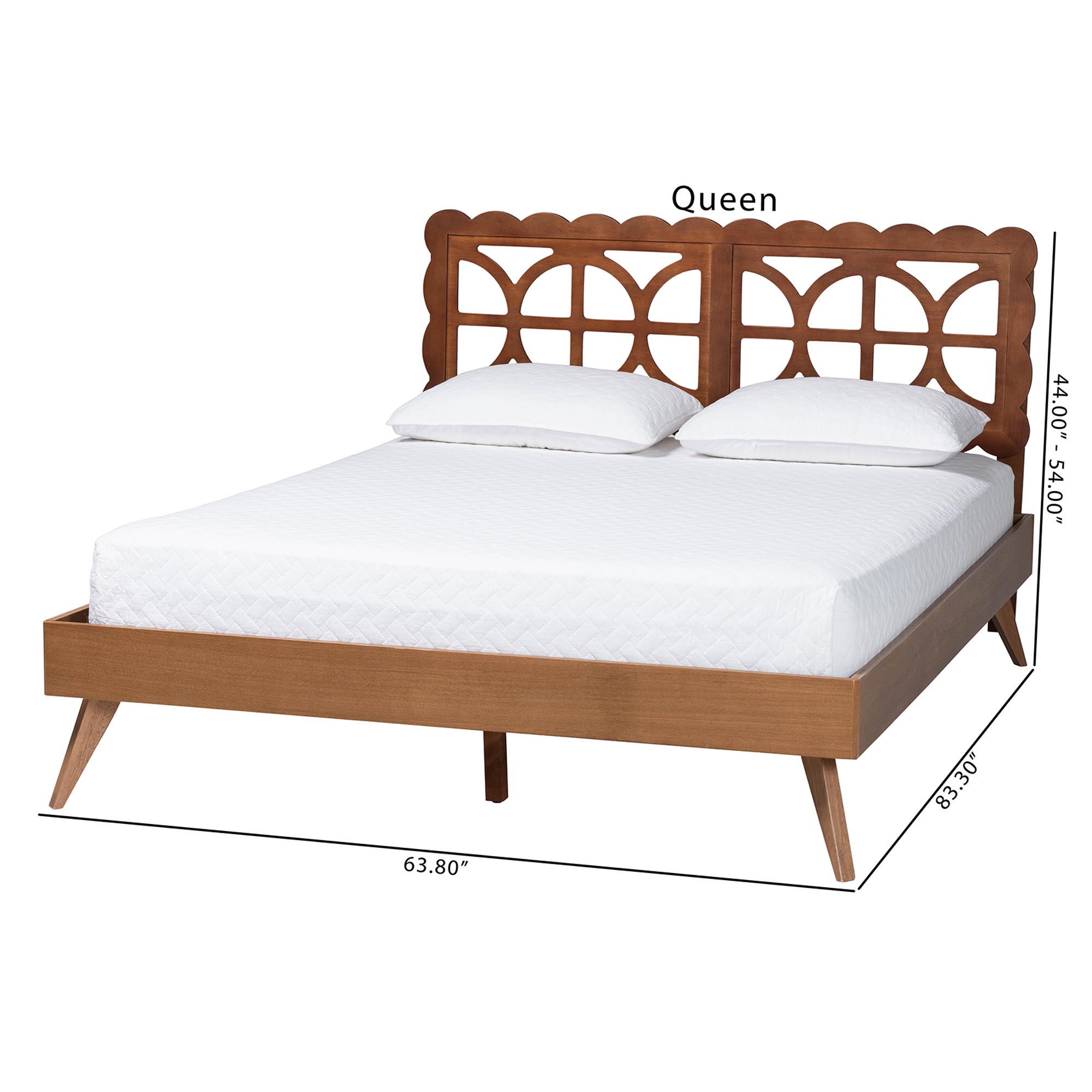 Baxton Studio Shukura Platform Bed - Mid-Century Modern Bed with Lasercut Headboard and Scalloped Detailing for Bedroom or Guestroom, Queen