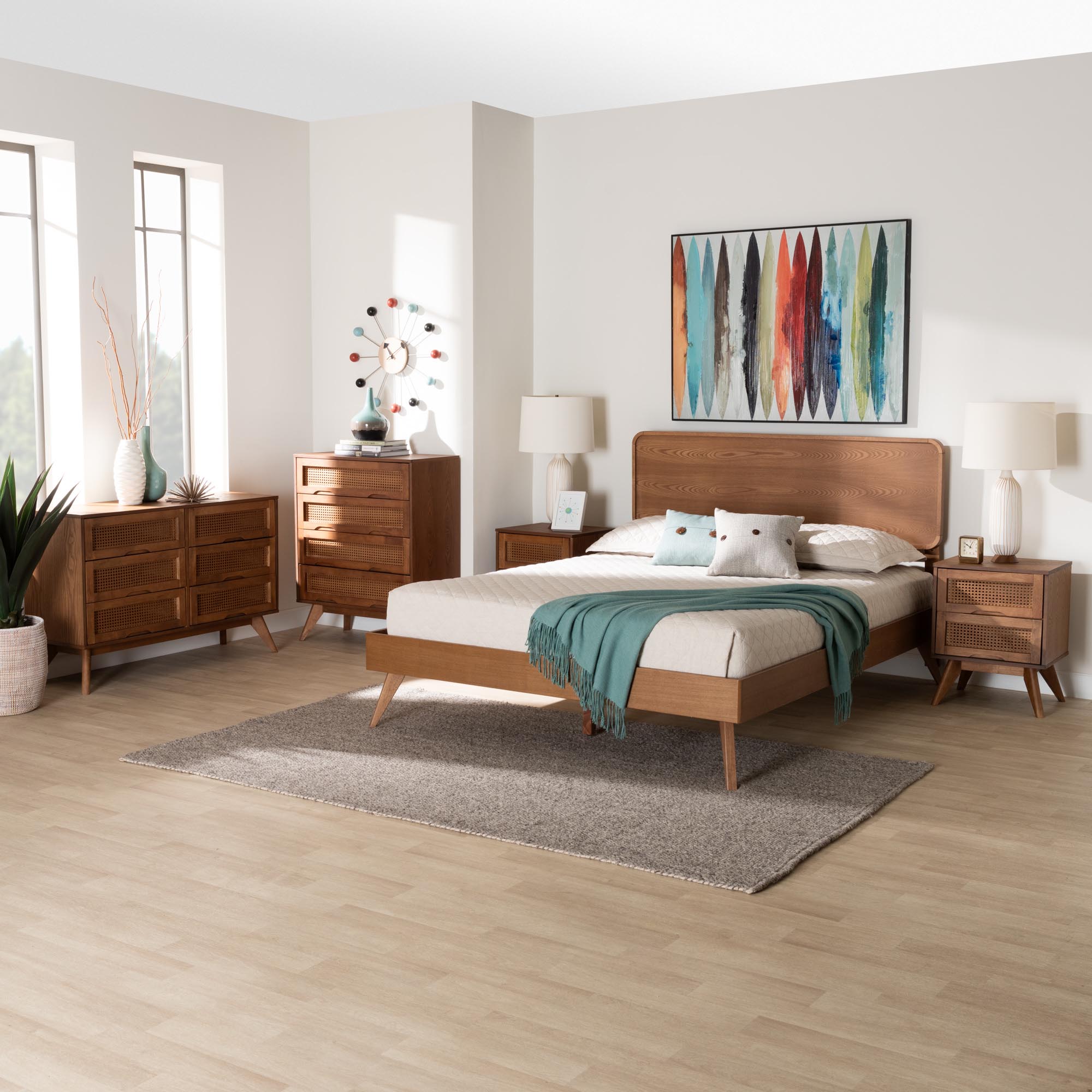 Baxton Studio Demeter Mid-Century Modern Walnut Brown Finished Wood Full Size 5-Piece Bedroom Set