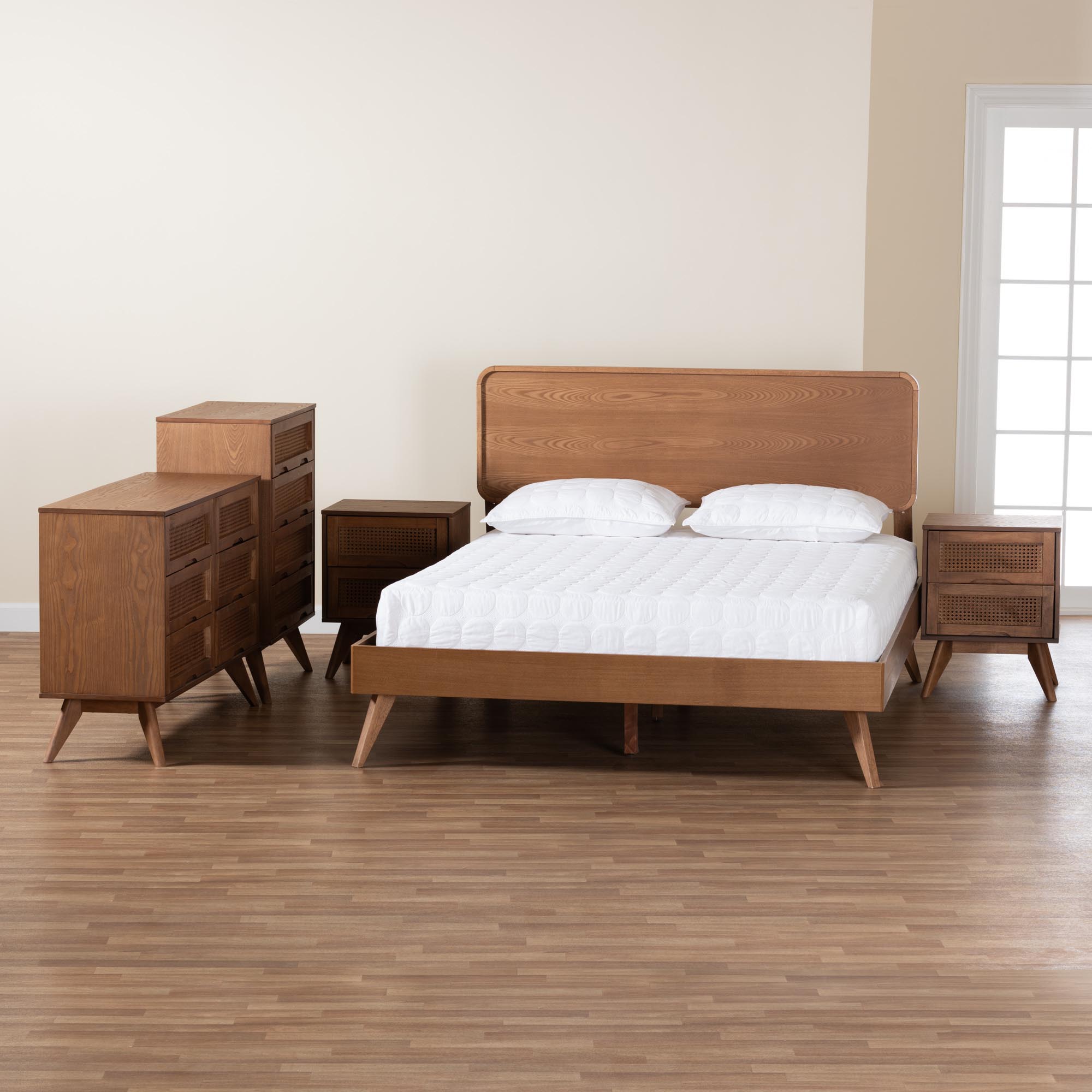 Baxton Studio Demeter Mid-Century Modern Walnut Brown Finished Wood Full Size 5-Piece Bedroom Set