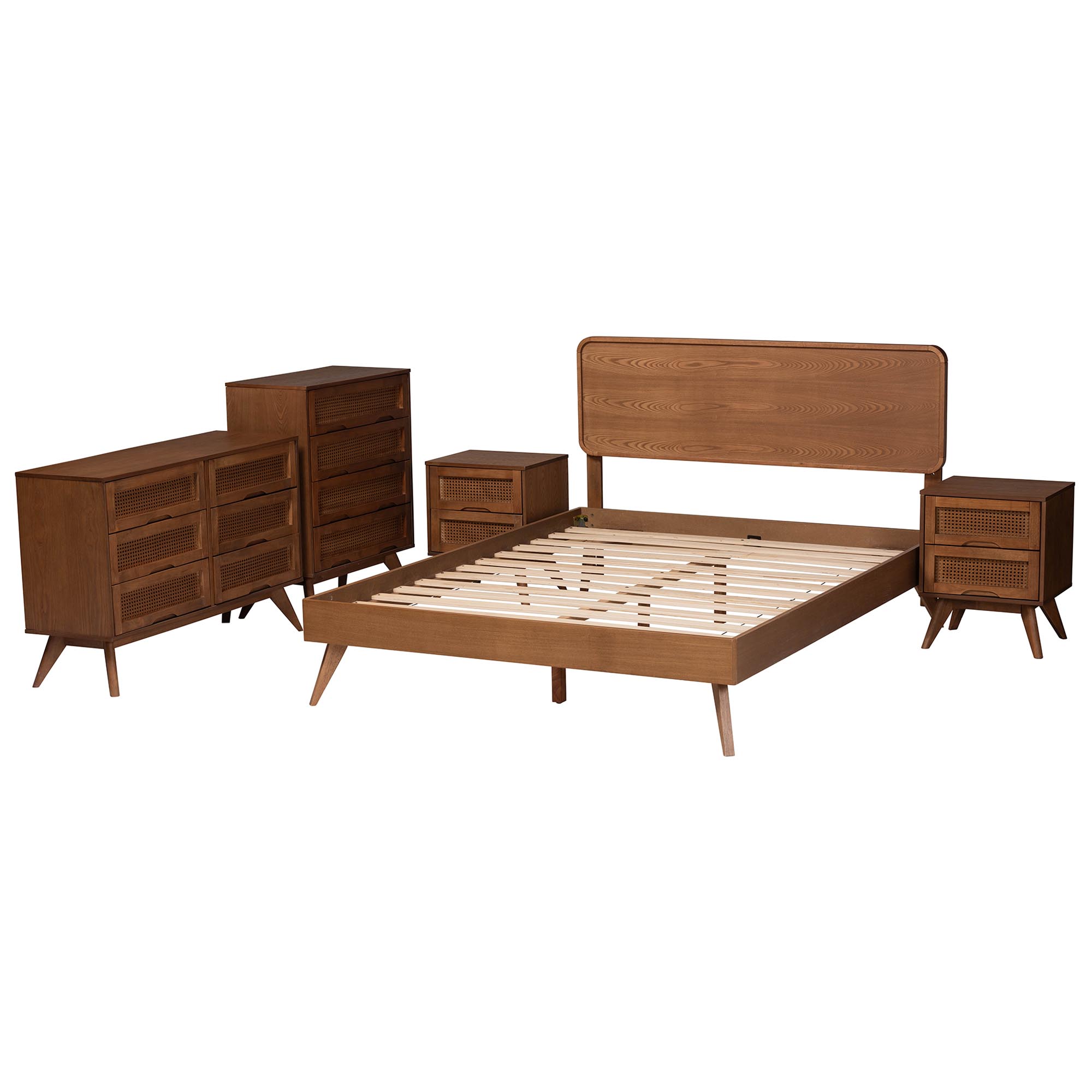 Baxton Studio Demeter Mid-Century Modern Walnut Brown Finished Wood Full Size 5-Piece Bedroom Set