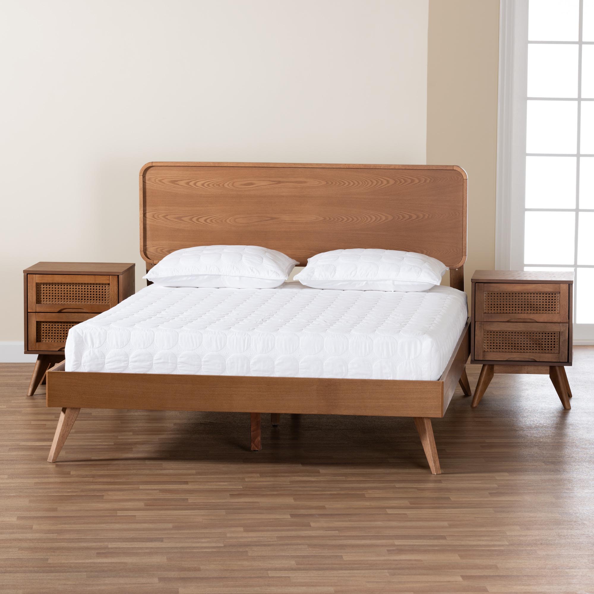 Baxton Studio Demeter Mid-Century Modern Walnut Brown Finished Wood Queen Size 3-Piece Bedroom Set