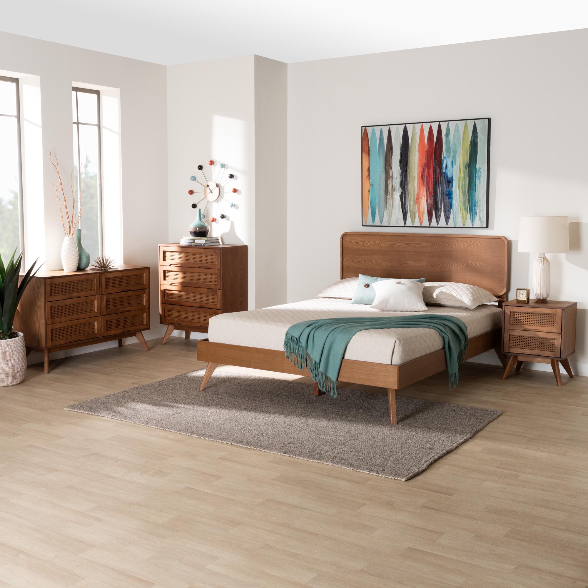 Baxton Studio Demeter Mid-Century Modern Walnut Brown Finished Wood King Size 4-Piece Bedroom Set