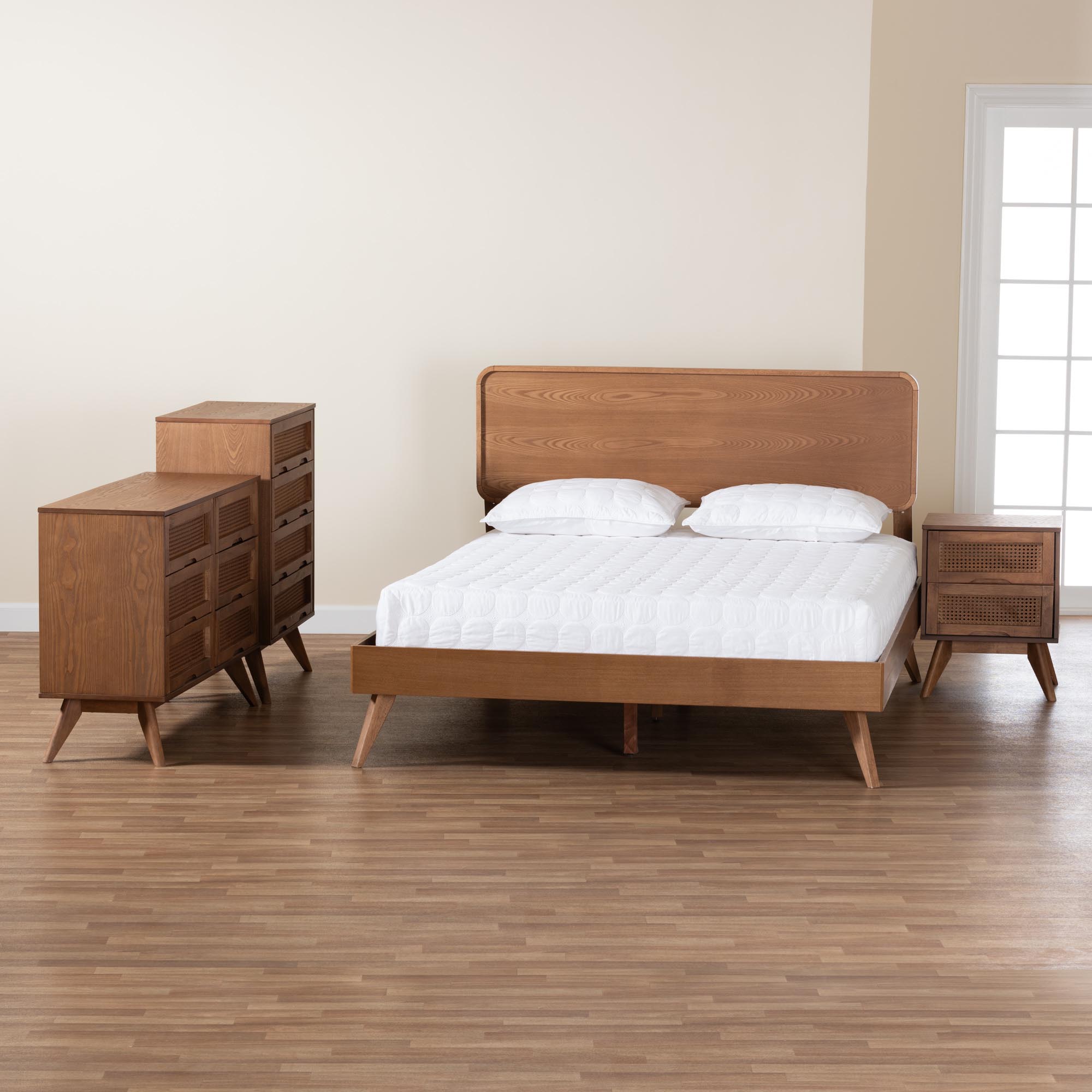 Baxton Studio Demeter Mid-Century Modern Walnut Brown Finished Wood Queen Size 4-Piece Bedroom Set