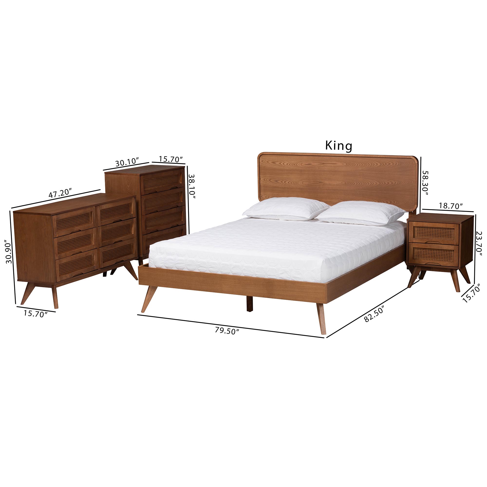 Baxton Studio Demeter Mid-Century Modern Walnut Brown Finished Wood King Size 4-Piece Bedroom Set