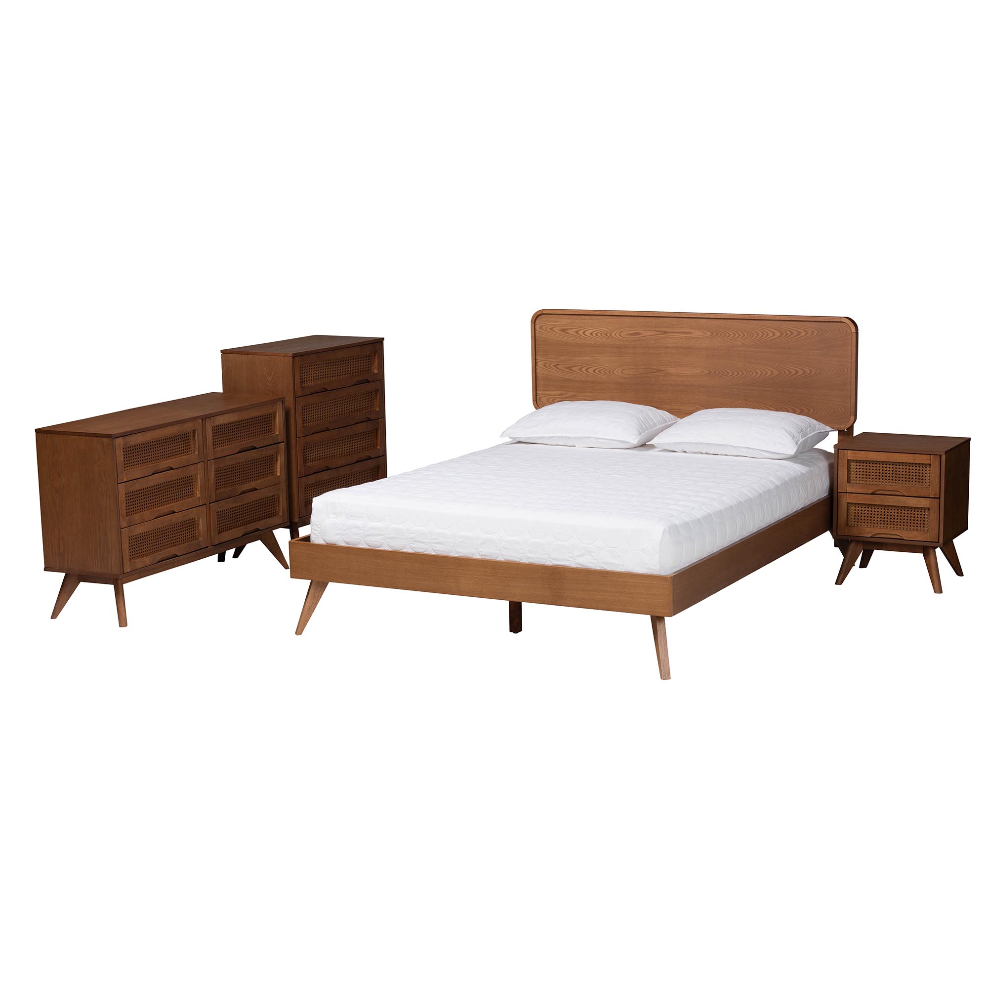 Baxton Studio Demeter Mid-Century Modern Walnut Brown Finished Wood Queen Size 4-Piece Bedroom Set