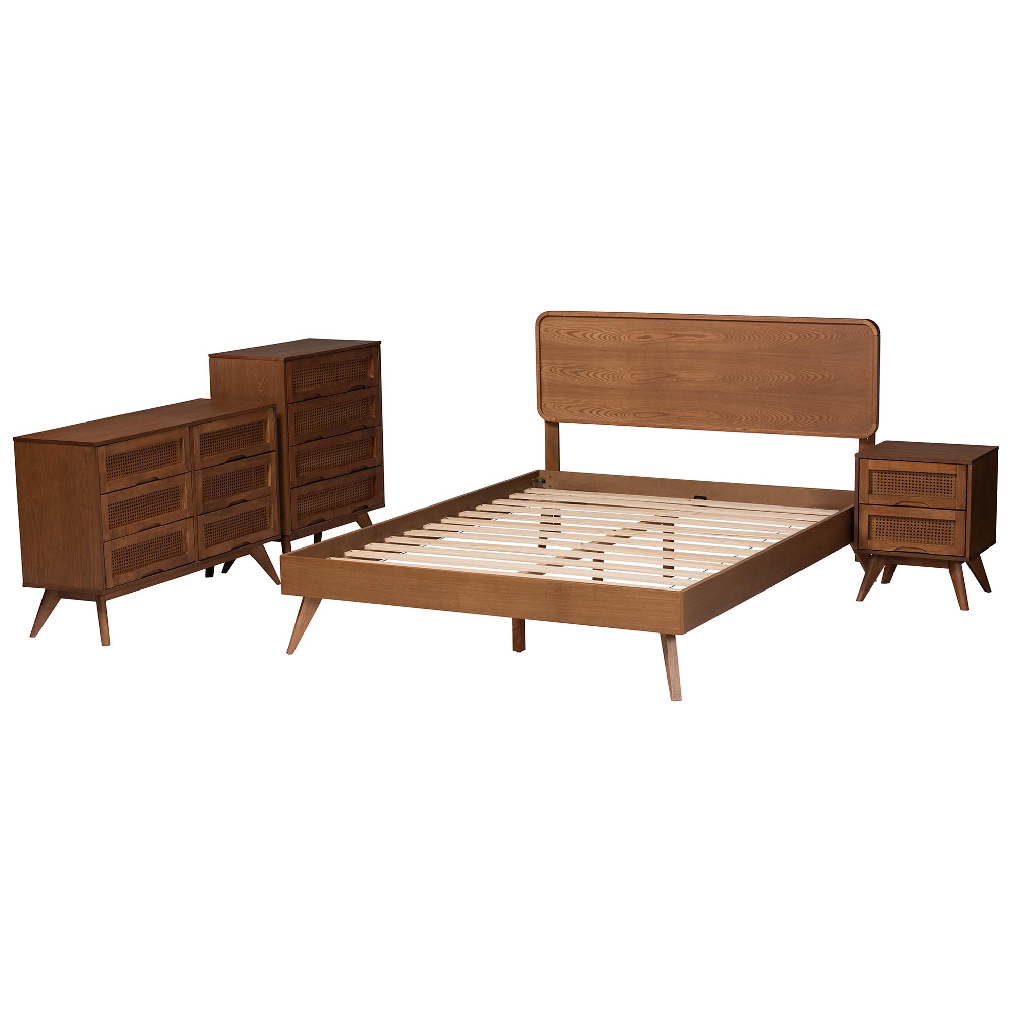 Baxton Studio Demeter Mid-Century Modern Walnut Brown Finished Wood Queen Size 4-Piece Bedroom Set