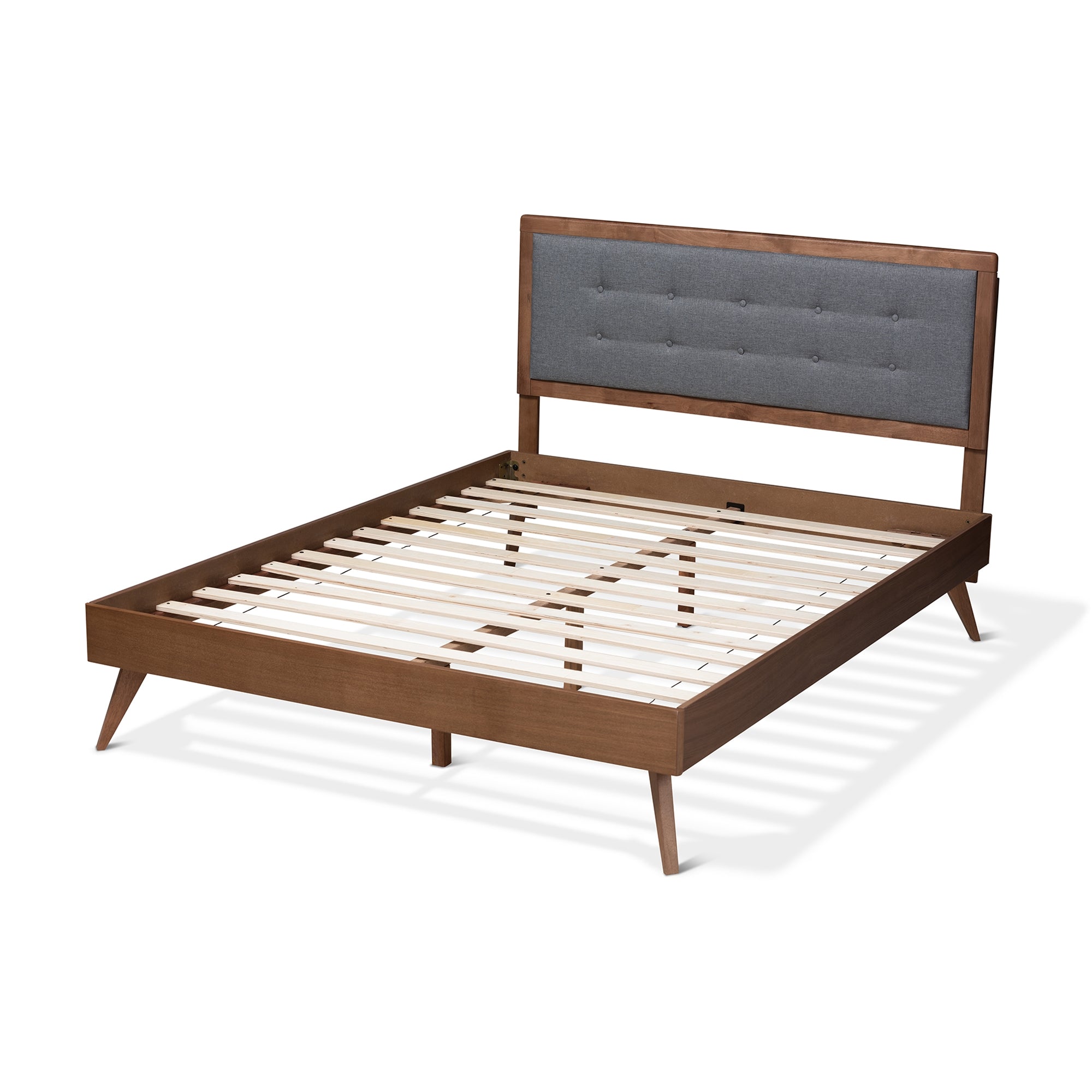 Baxton Studio Ines Mid-Century Modern Dark Grey Fabric Upholstered Walnut Brown Finished Wood King Size Platform Bed