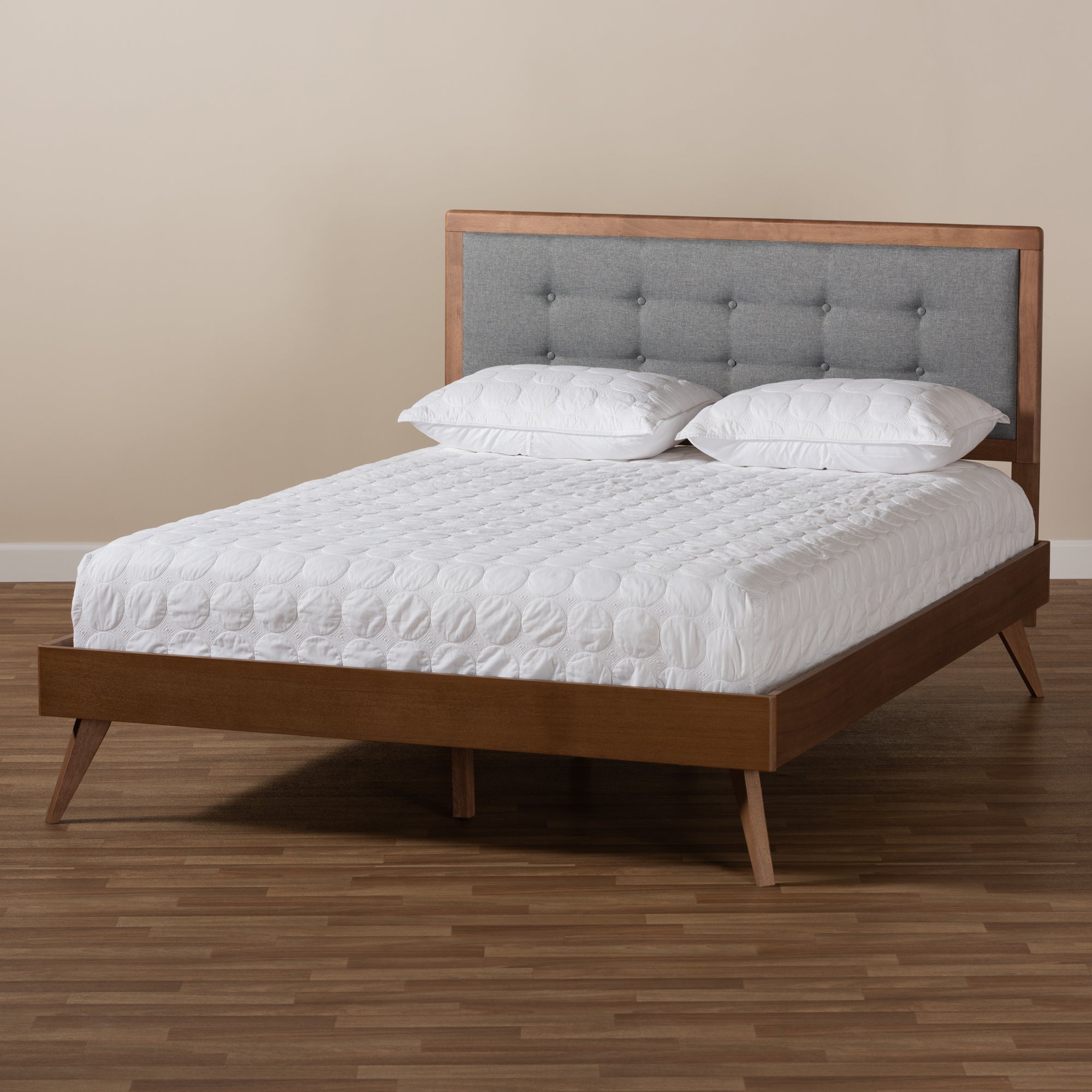 Baxton Studio Ines Mid-Century Modern Dark Grey Fabric Upholstered Walnut Brown Finished Wood King Size Platform Bed
