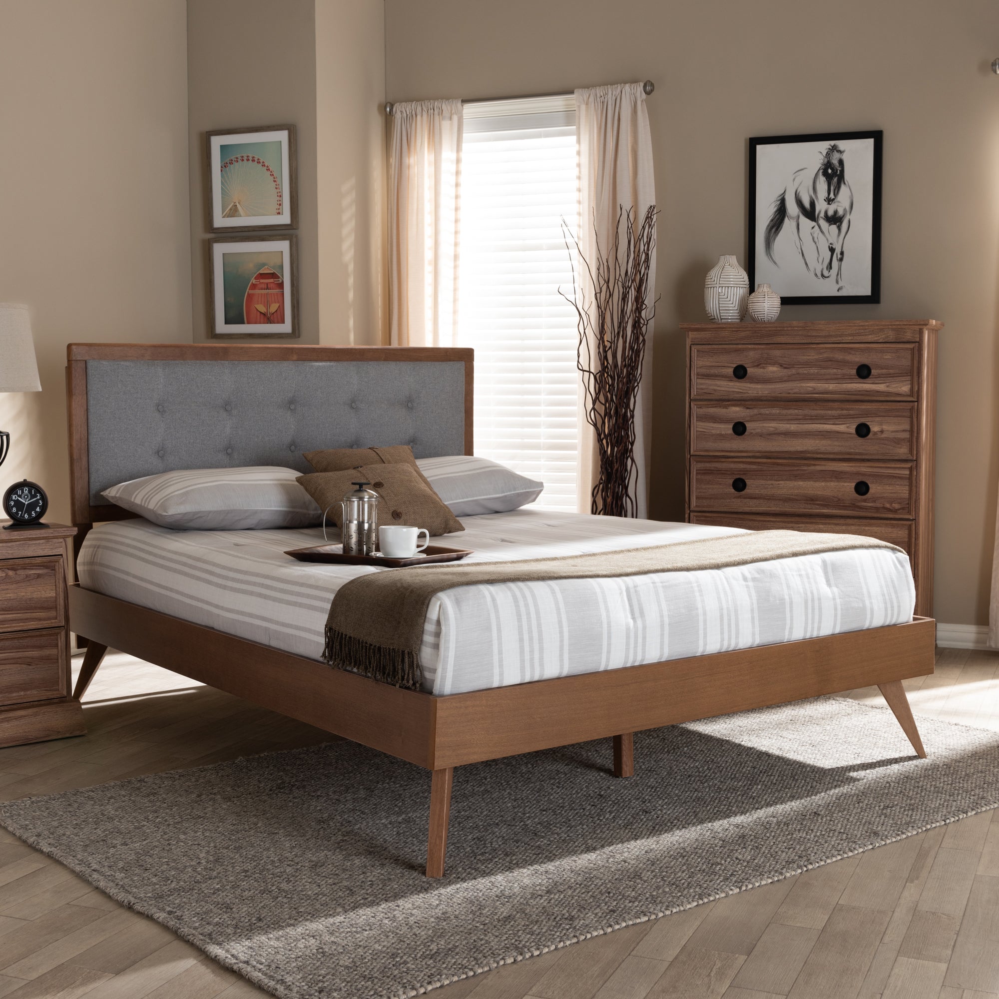 Baxton Studio Ines Mid-Century Modern Light Grey Fabric Upholstered Walnut Brown Finished Wood King Size Platform Bed
