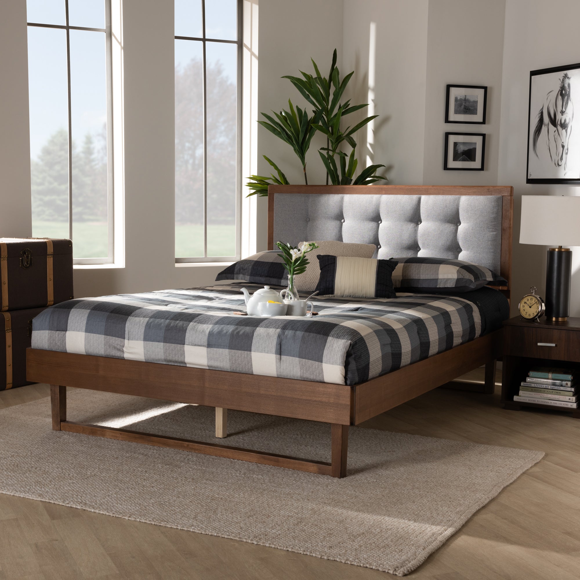 Baxton Studio Viviana Modern and Contemporary Light Grey Fabric Upholstered and Ash Walnut Finished Wood King Size Platform Bed