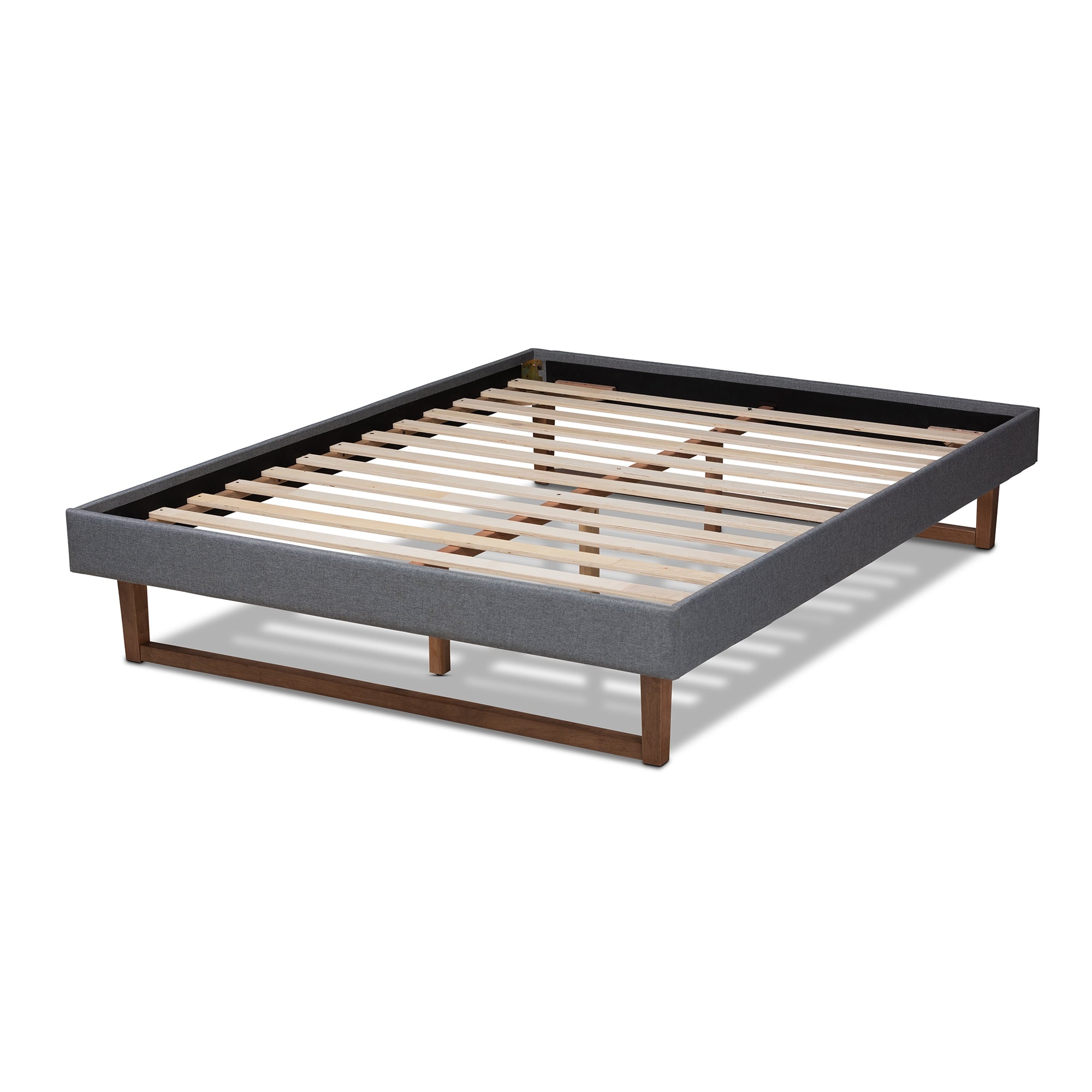 Baxton Studio Liliya Mid-Century Modern Dark Grey Fabric Upholstered Walnut Brown Finished Wood Queen Size Platform Bed Frame