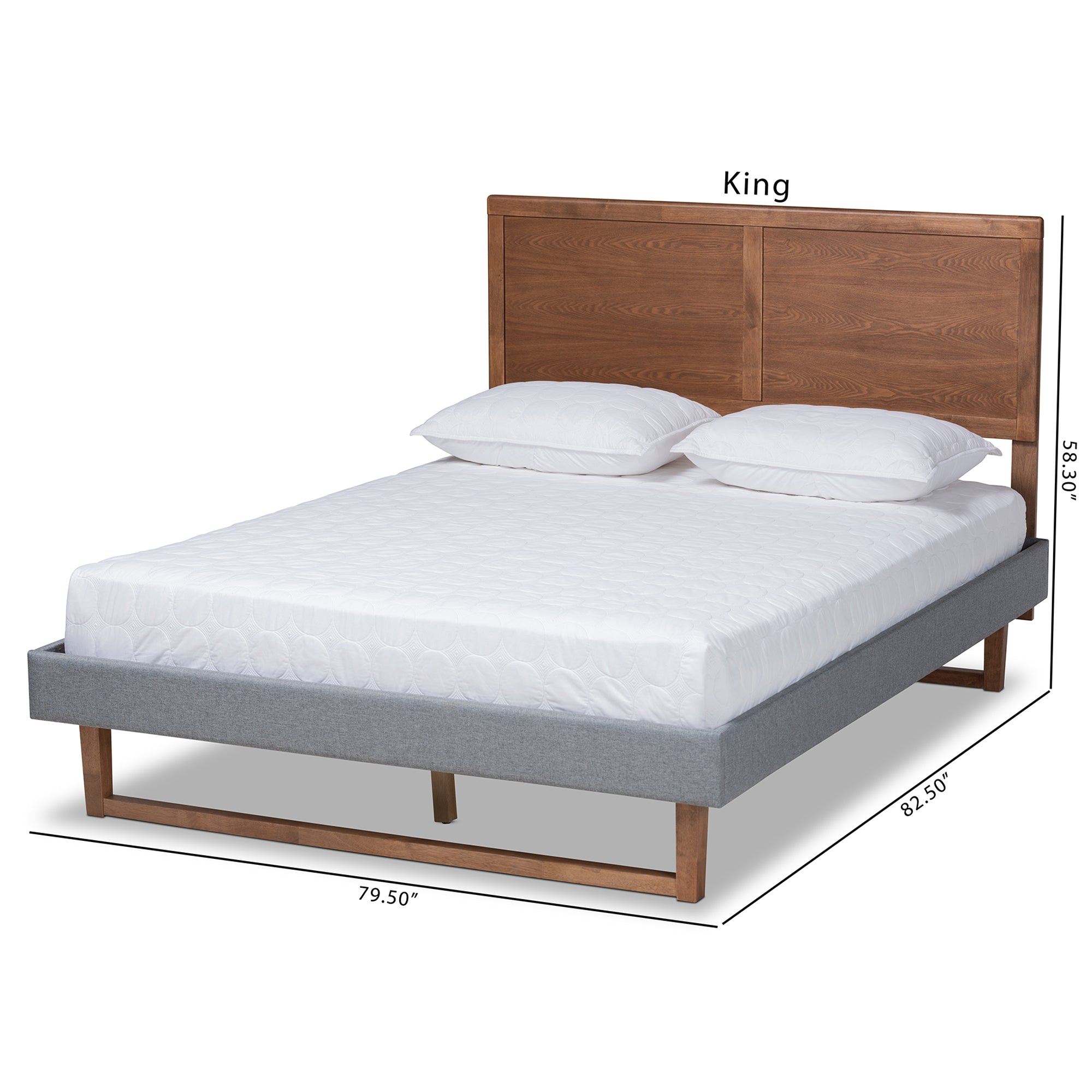 Baxton Studio Allegra Mid-Century Modern Dark Grey Fabric Upholstered and Ash Walnut Brown Finished Wood Queen Size Platform Bed