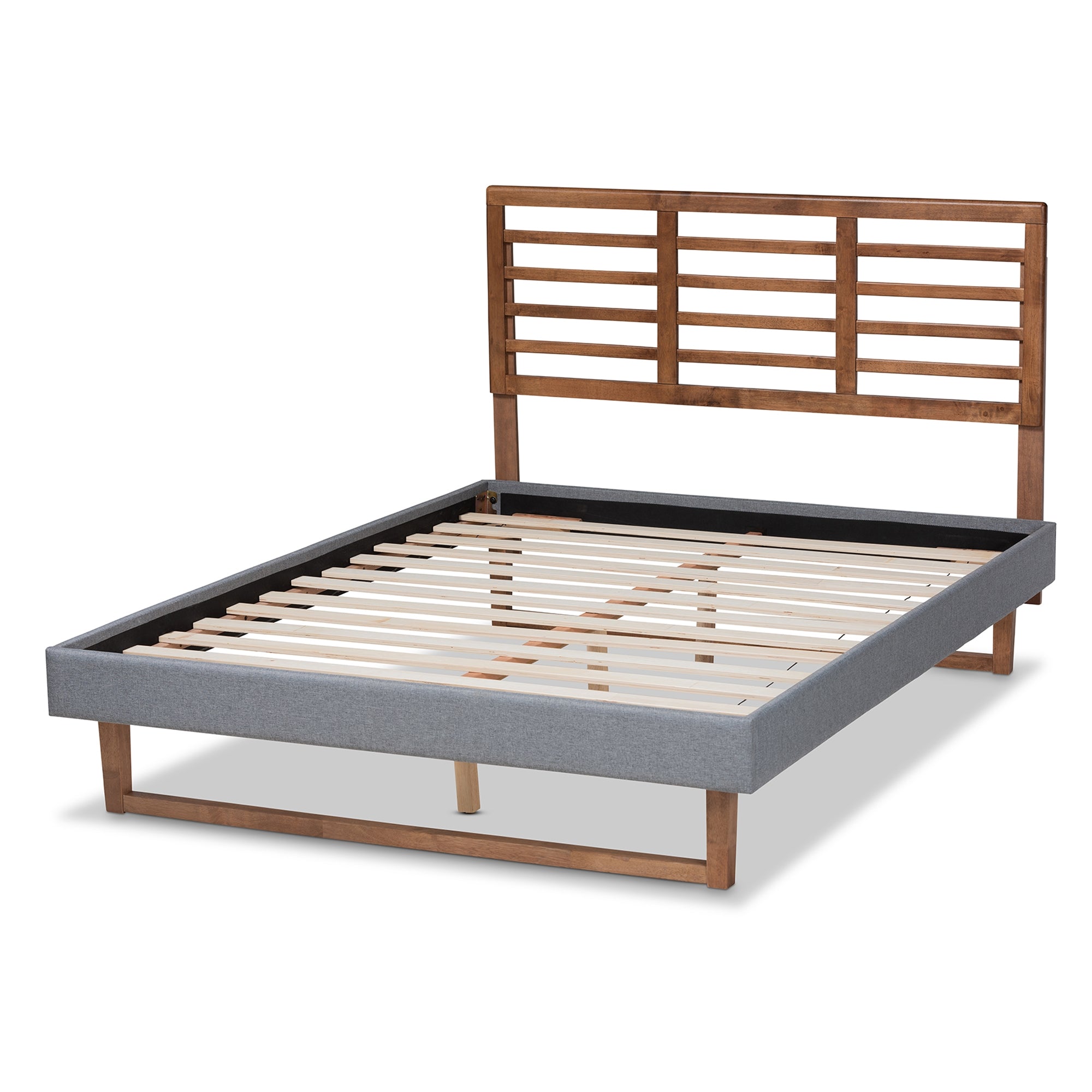 Baxton Studio Rina Modern and Contemporary Dark Grey Fabric Upholstered and Ash Walnut Brown Finished Wood Queen Size Platform Bed