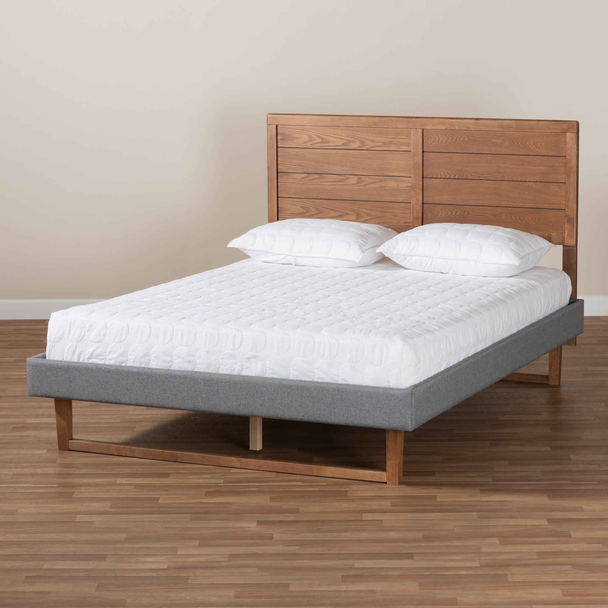 Baxton Studio Gabriela Rustic Modern Dark Grey Fabric Upholstered and Ash Walnut Brown Finished Wood Queen Size Platform Bed