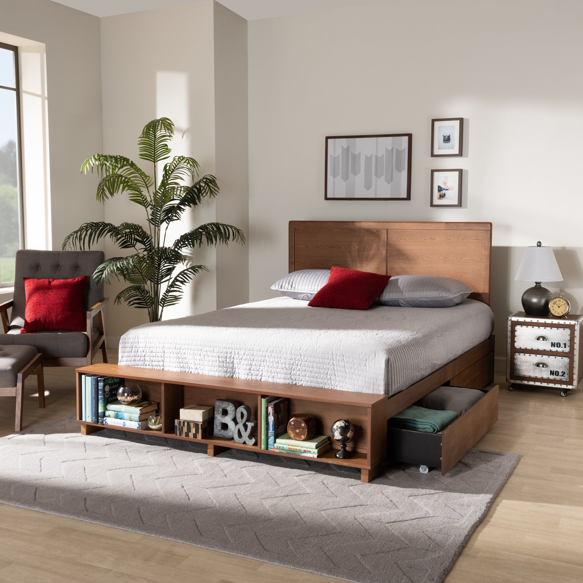 Baxton Studio Tamsin Modern Transitional Ash Walnut Brown Finished Wood Queen Size 4-Drawer Platform Storage Bed with Built-In Shelves