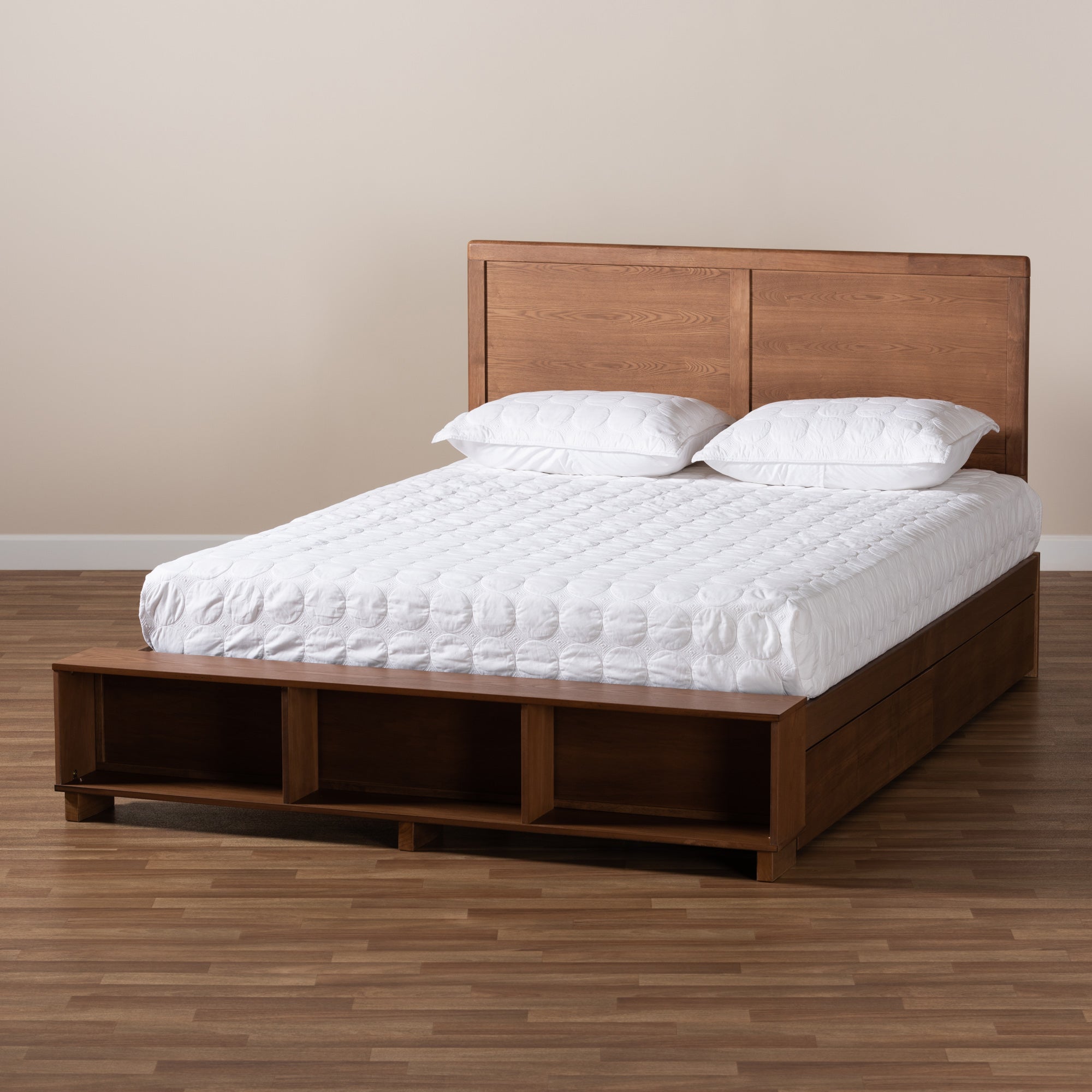 Baxton Studio Tamsin Modern Transitional Ash Walnut Brown Finished Wood Full Size 4-Drawer Platform Storage Bed with Built-In Shelves