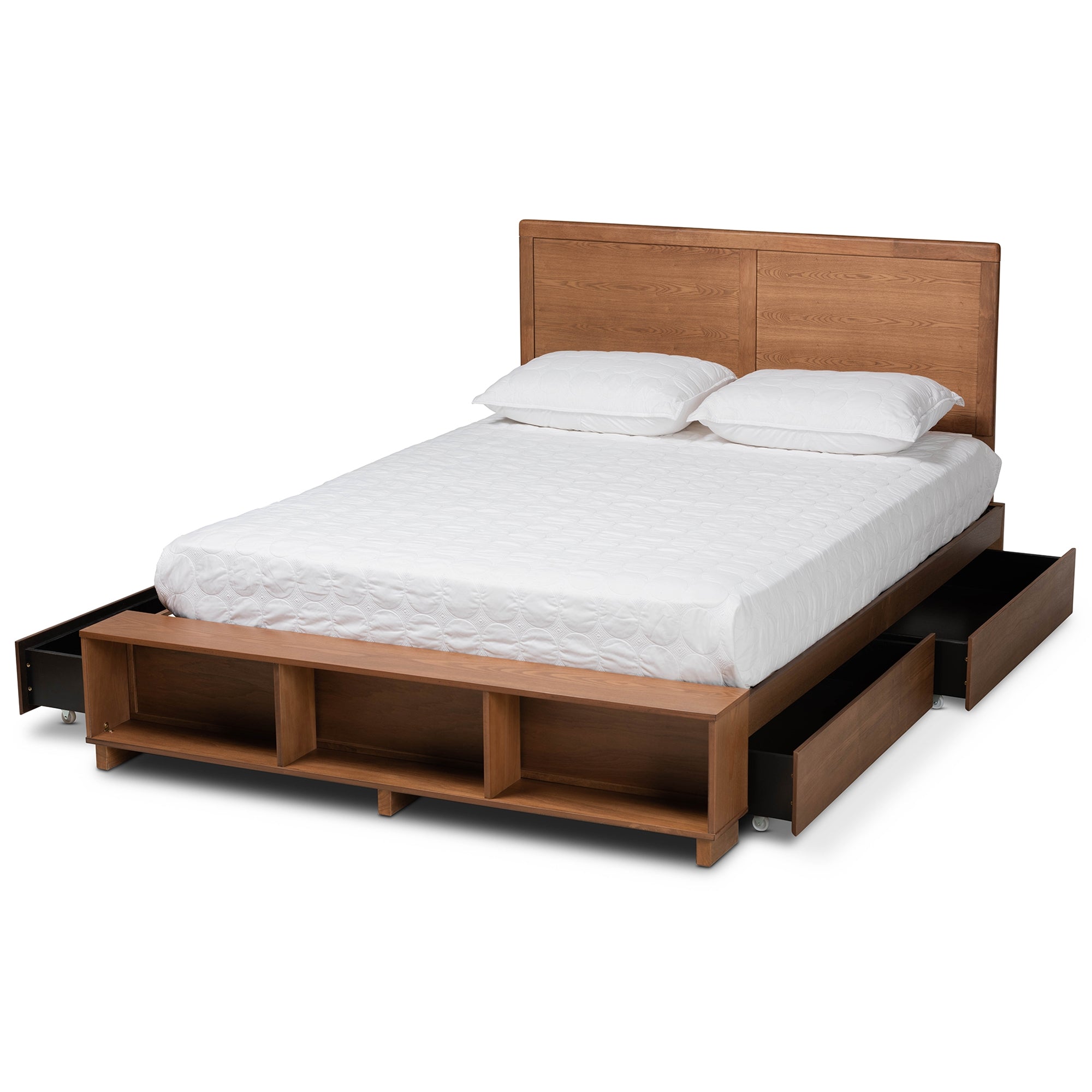 Baxton Studio Tamsin Modern Transitional Ash Walnut Brown Finished Wood Queen Size 4-Drawer Platform Storage Bed with Built-In Shelves