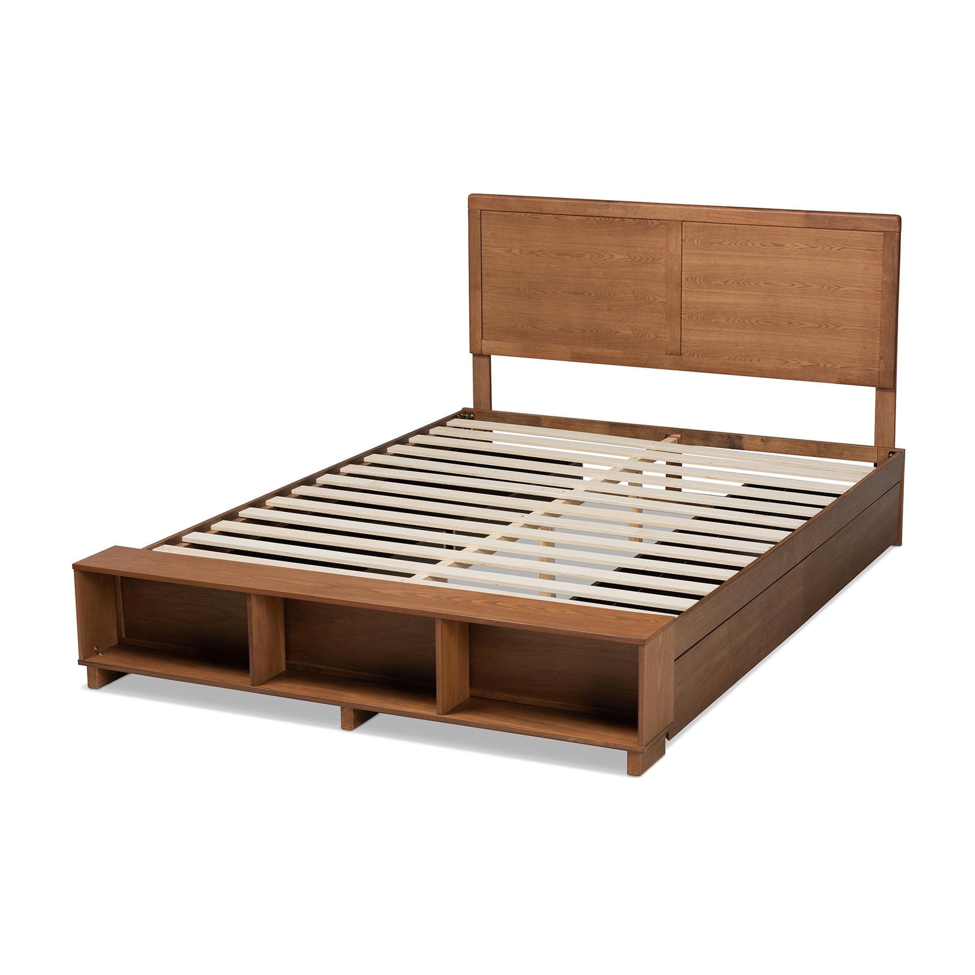 Baxton Studio Tamsin Modern Transitional Ash Walnut Brown Finished Wood Full Size 4-Drawer Platform Storage Bed with Built-In Shelves