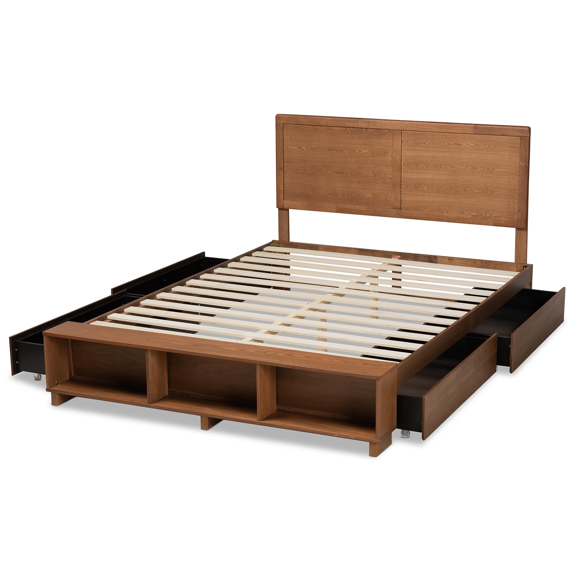 Baxton Studio Tamsin Modern Transitional Ash Walnut Brown Finished Wood Full Size 4-Drawer Platform Storage Bed with Built-In Shelves