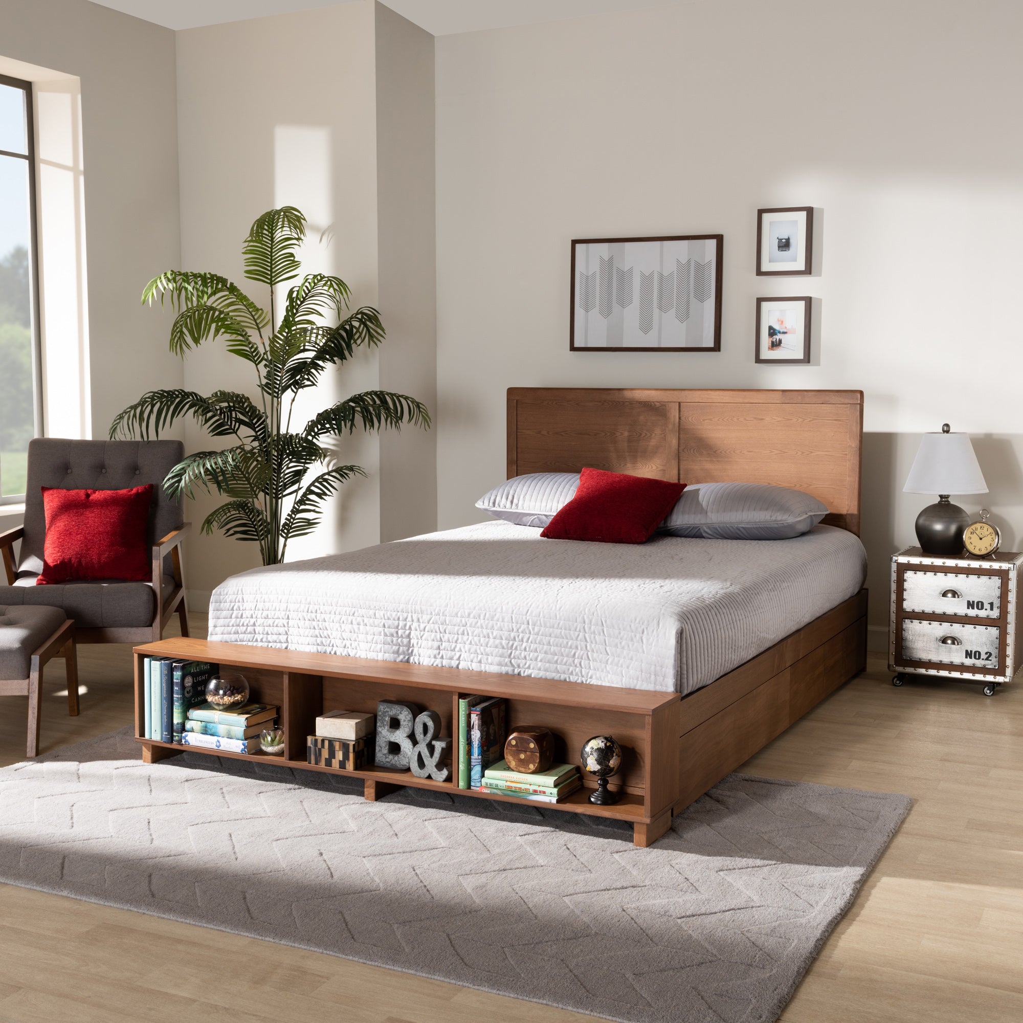 Baxton Studio Tamsin Modern Transitional Ash Walnut Brown Finished Wood Queen Size 4-Drawer Platform Storage Bed with Built-In Shelves