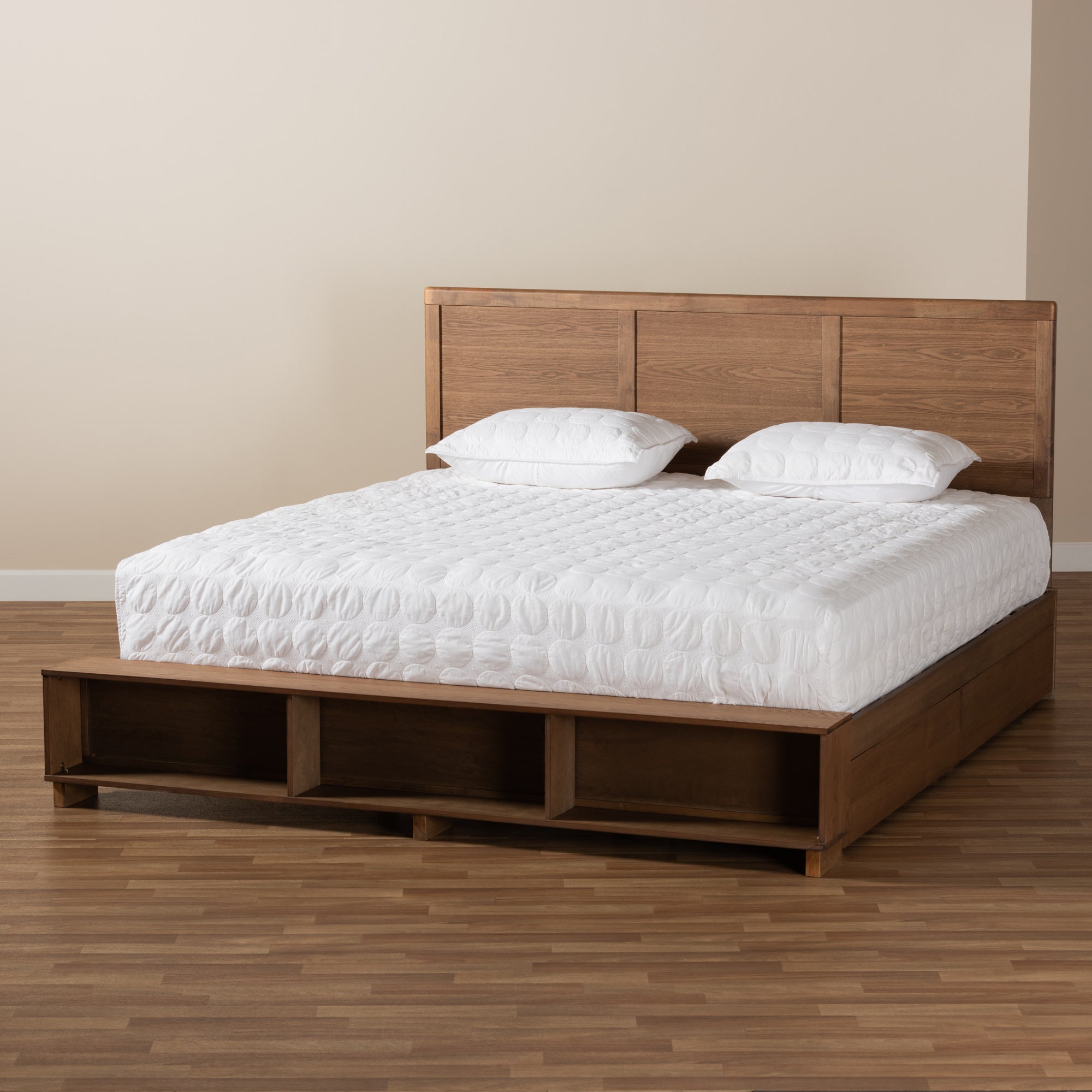 Baxton Studio Tamsin Modern Transitional Ash Walnut Brown Finished Wood King Size 4-Drawer Platform Storage Bed with Built-In Shelves