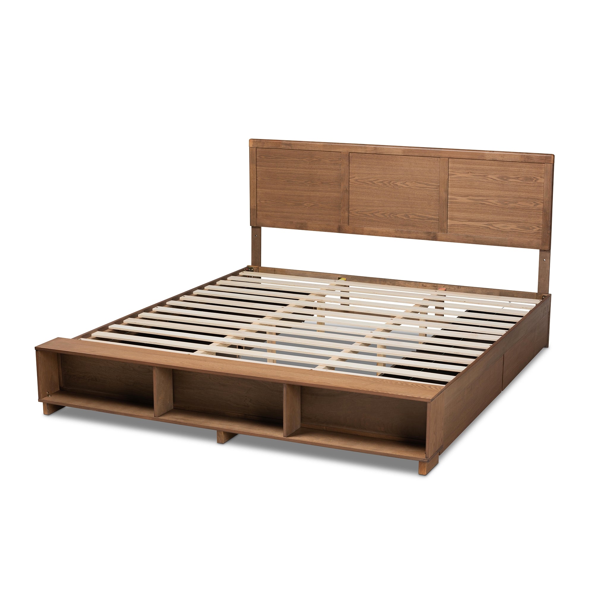 Baxton Studio Tamsin Modern Transitional Ash Walnut Brown Finished Wood King Size 4-Drawer Platform Storage Bed with Built-In Shelves