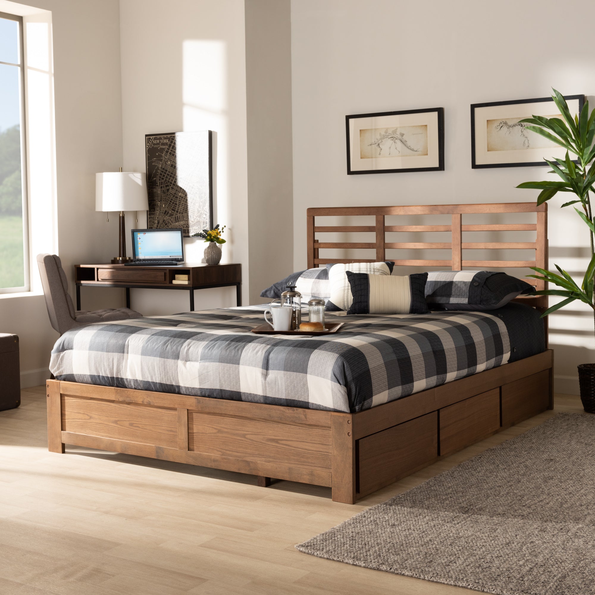 Baxton Studio Piera Modern and Contemporary Transitional Ash Walnut Brown Finished Wood Full Size 3-Drawer Platform Storage Bed