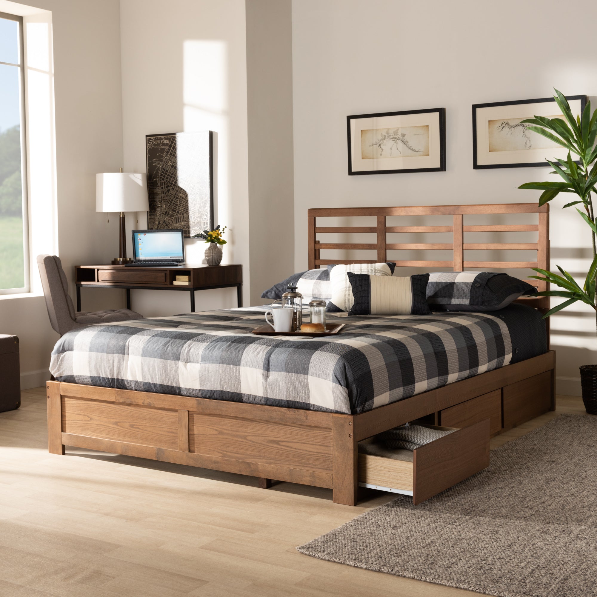 Baxton Studio Piera Modern and Contemporary Transitional Ash Walnut Brown Finished Wood Full Size 3-Drawer Platform Storage Bed
