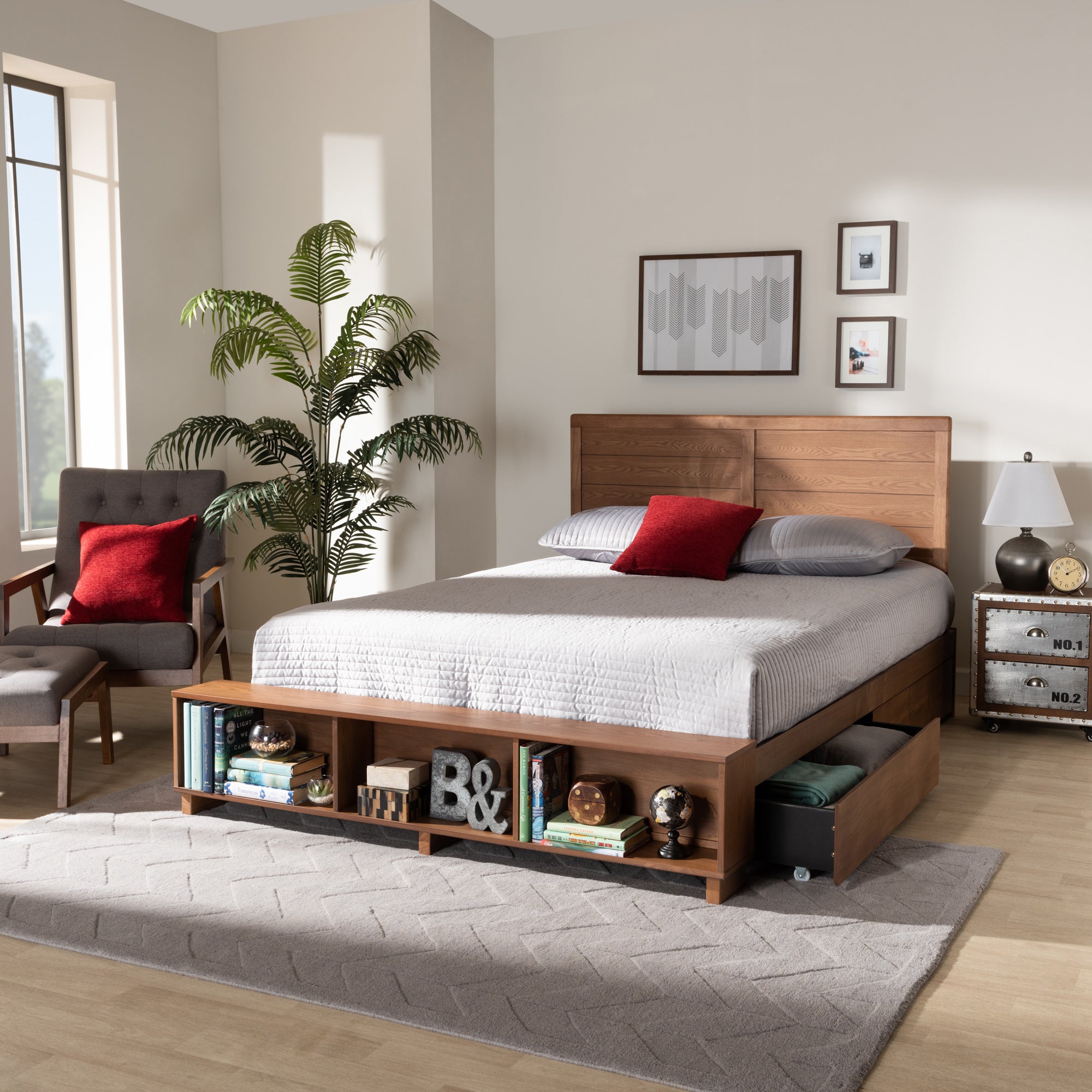 Baxton Studio Alba Modern Transitional Ash Walnut Brown Finished Wood Queen Size 4-Drawer Platform Storage Bed with Built-In Shelves