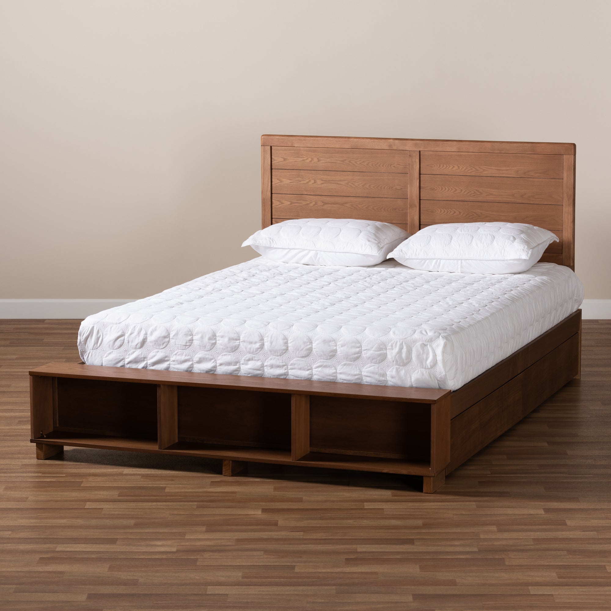 Baxton Studio Alba Modern Transitional Ash Walnut Brown Finished Wood Queen Size 4-Drawer Platform Storage Bed with Built-In Shelves