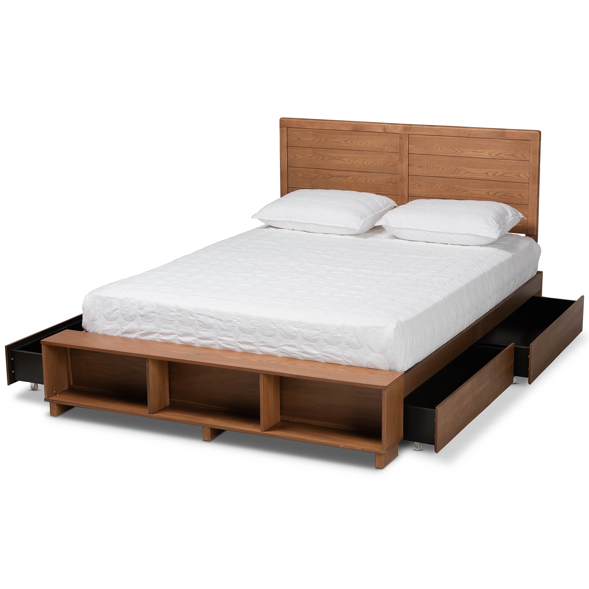 Baxton Studio Alba Modern Transitional Ash Walnut Brown Finished Wood Queen Size 4-Drawer Platform Storage Bed with Built-In Shelves