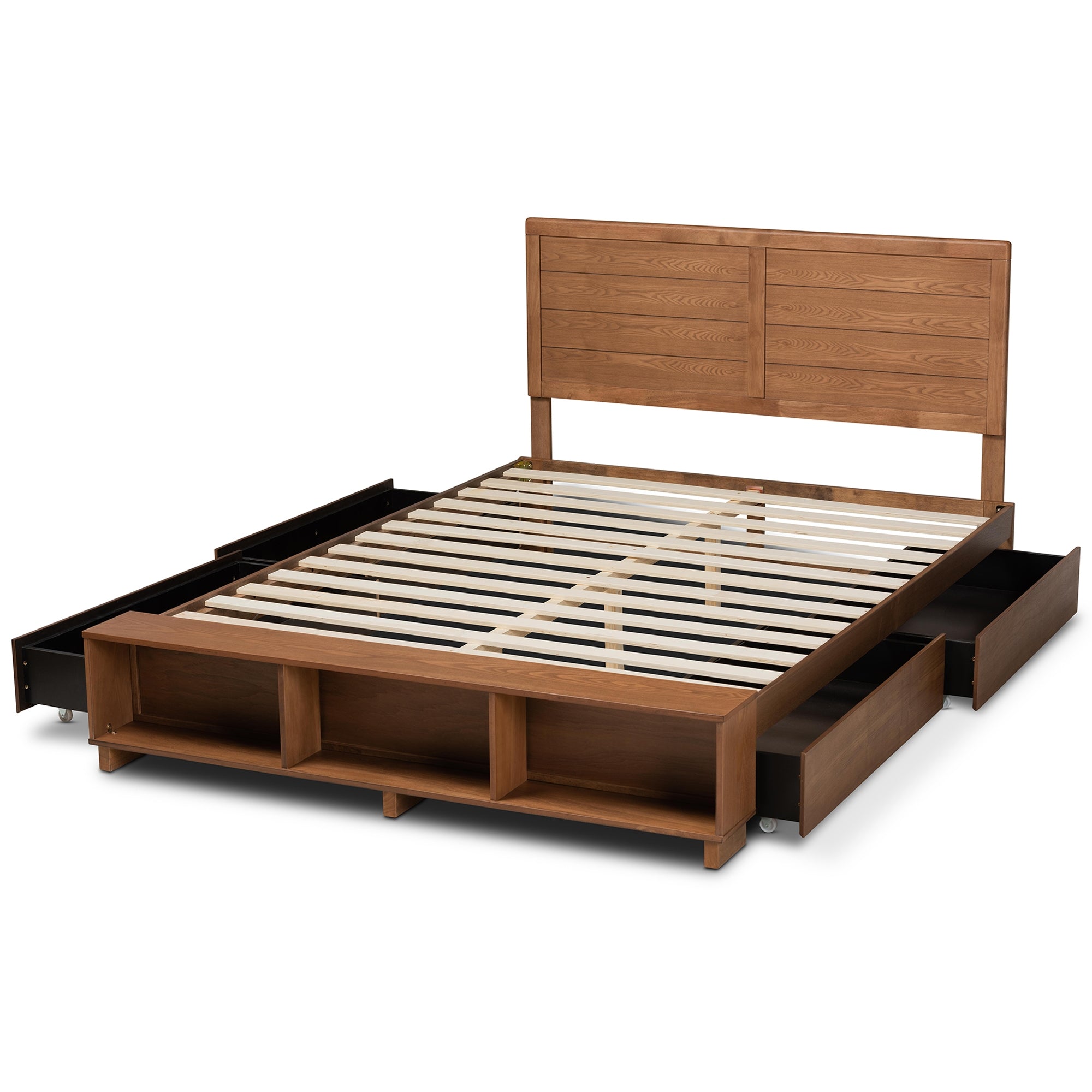 Baxton Studio Alba Modern Transitional Ash Walnut Brown Finished Wood Full Size 4-Drawer Platform Storage Bed with Built-In Shelves